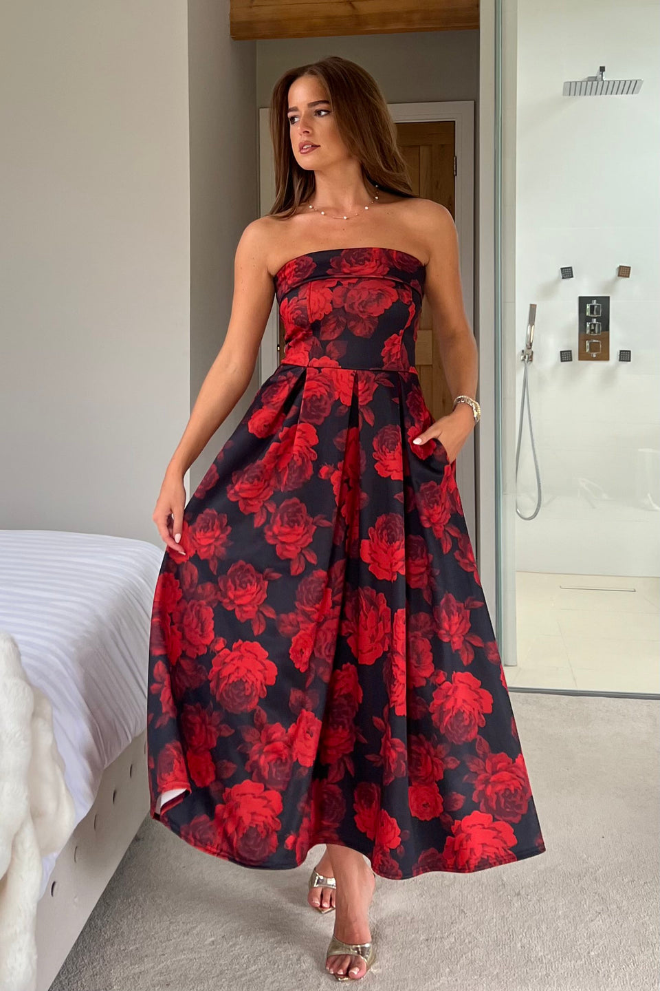 Danni Strapless Bandeau Midi Dress Red Floral