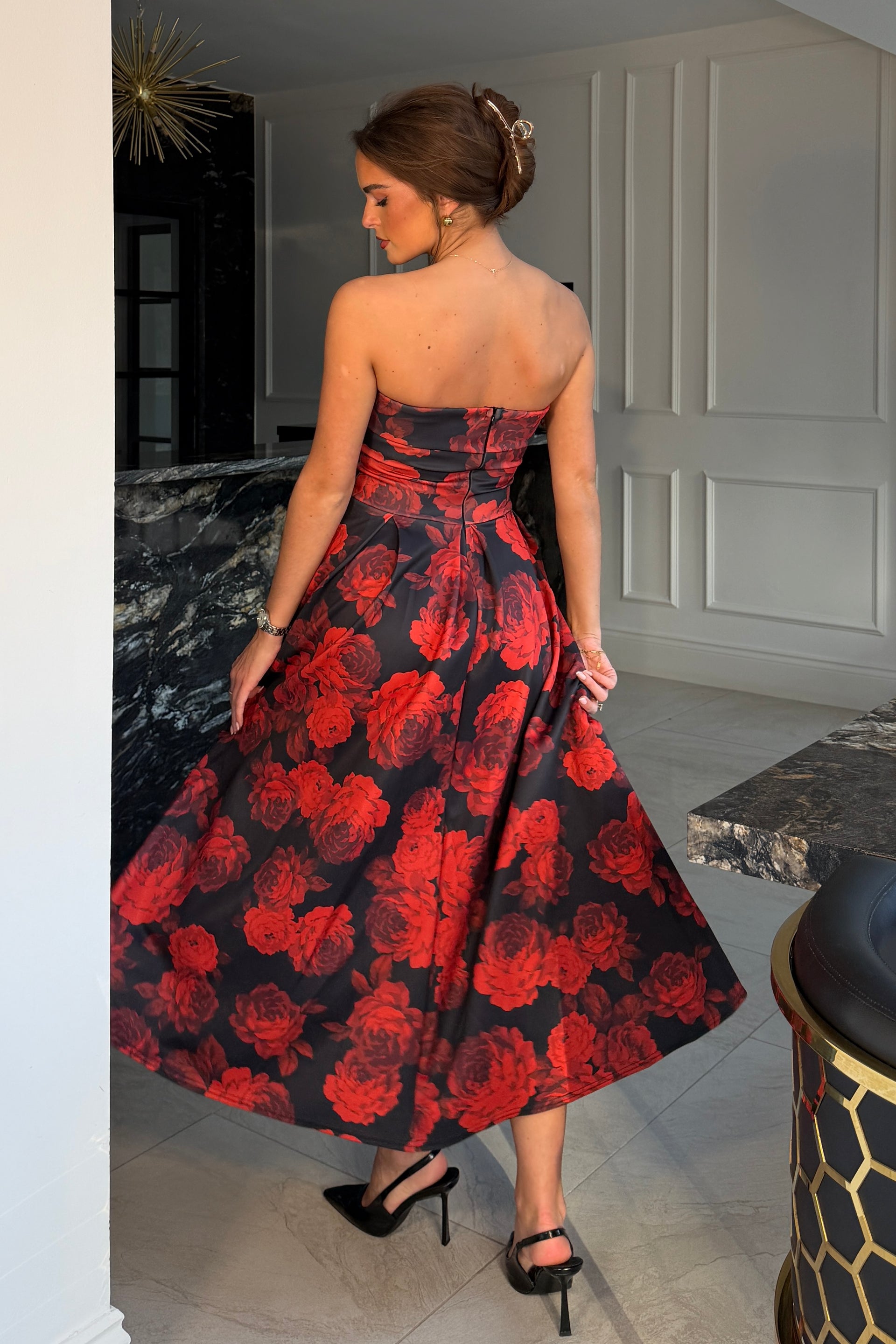 Danni Strapless Bandeau Midi Dress Red Floral – Girl In Mind