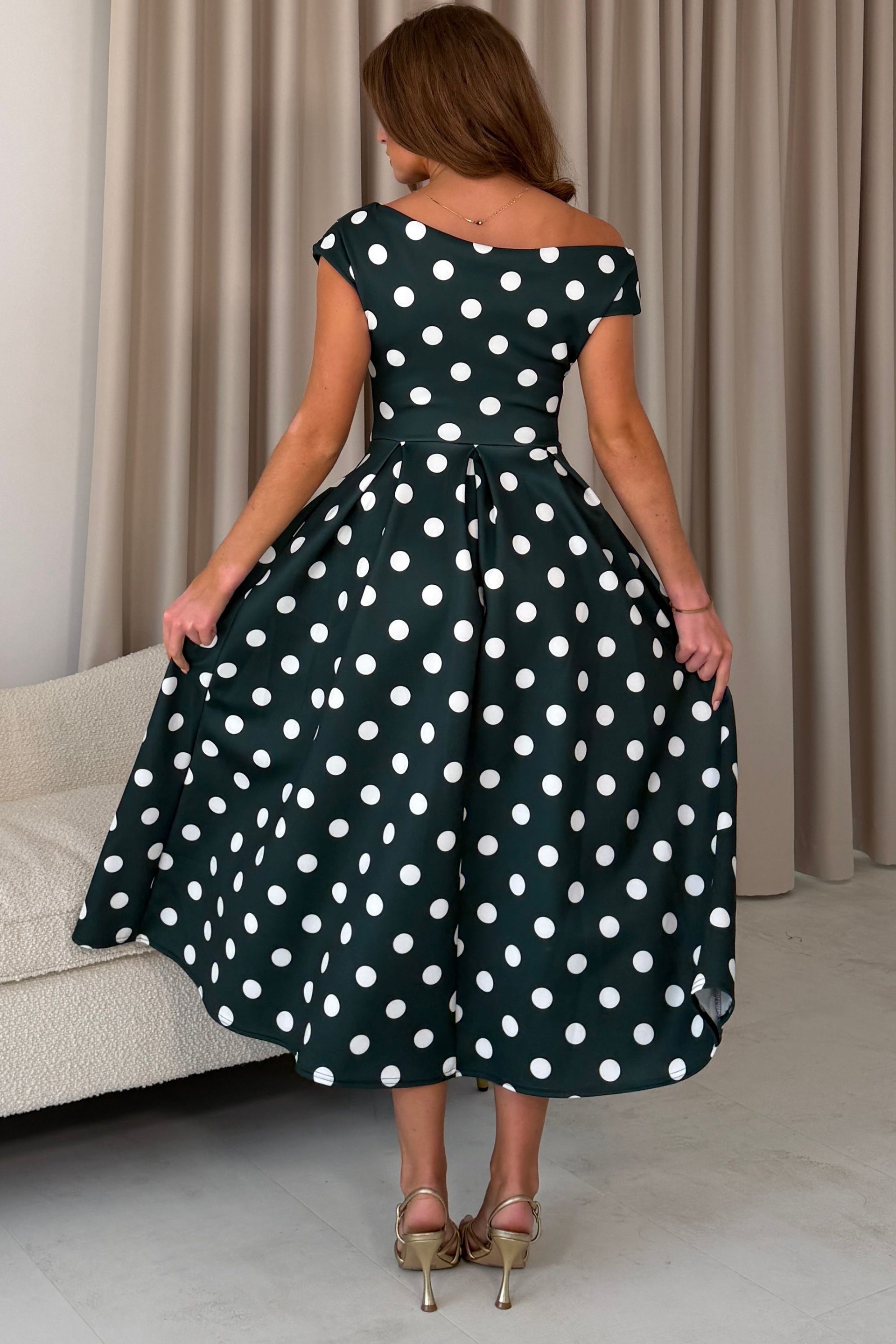 Betty Asymmetric Neckline Skater Midi Green Polka