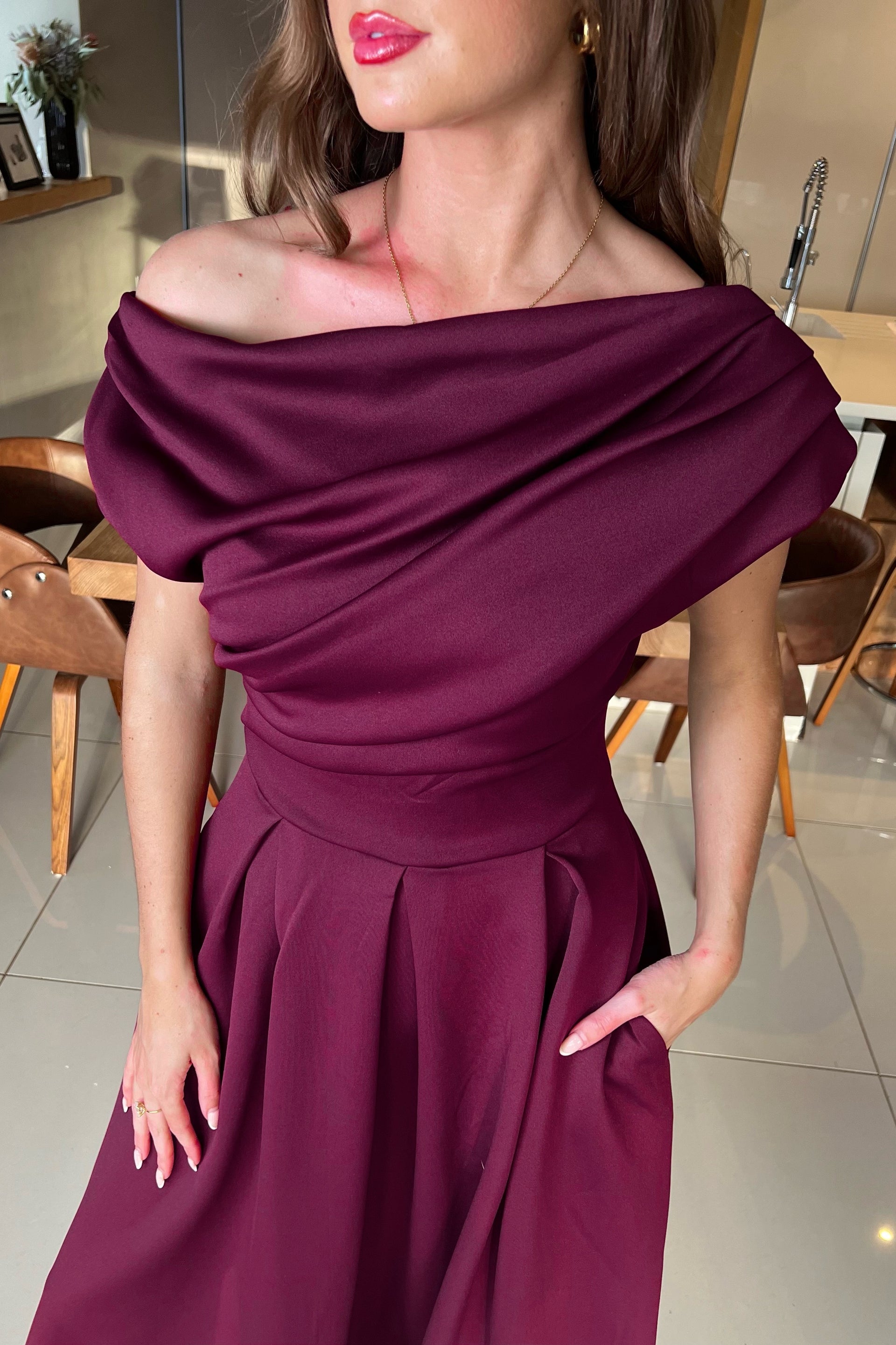 Betty Asymmetric Neckline Skater Midi Berry