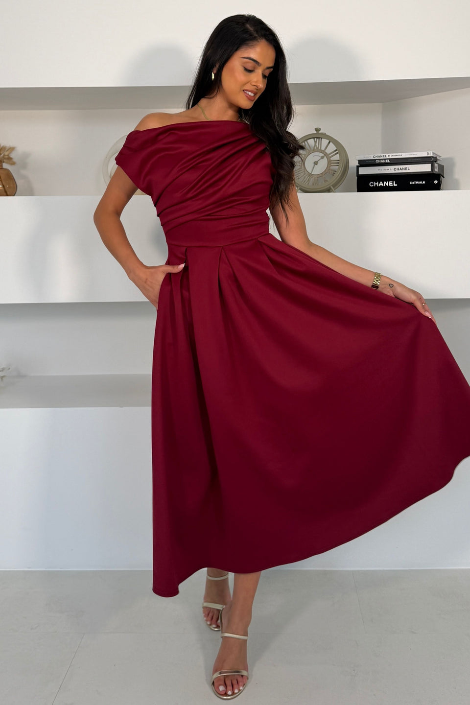 Betty Asymmetric Neckline Skater Midi Wine