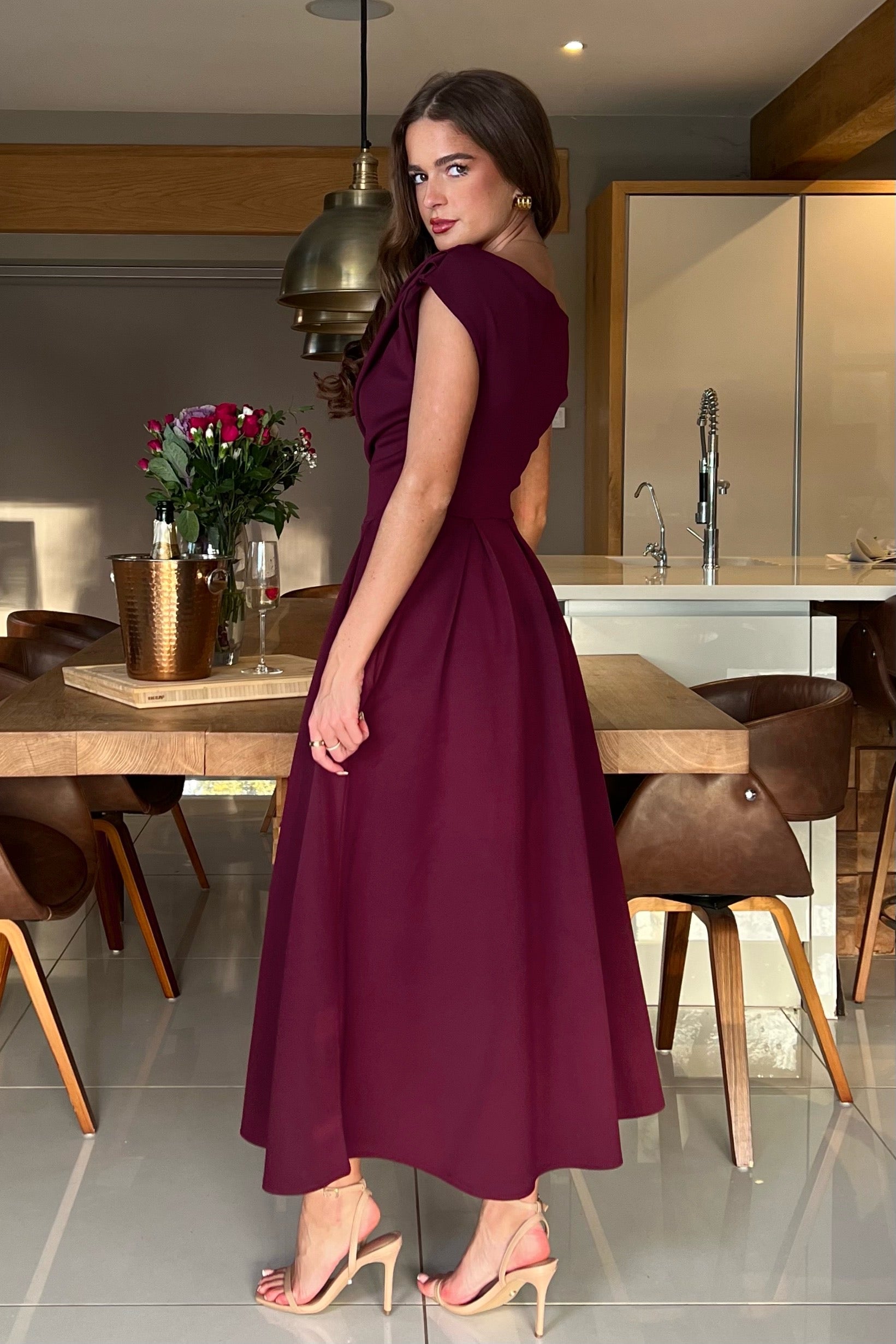 Betty Asymmetric Neckline Skater Midi Berry