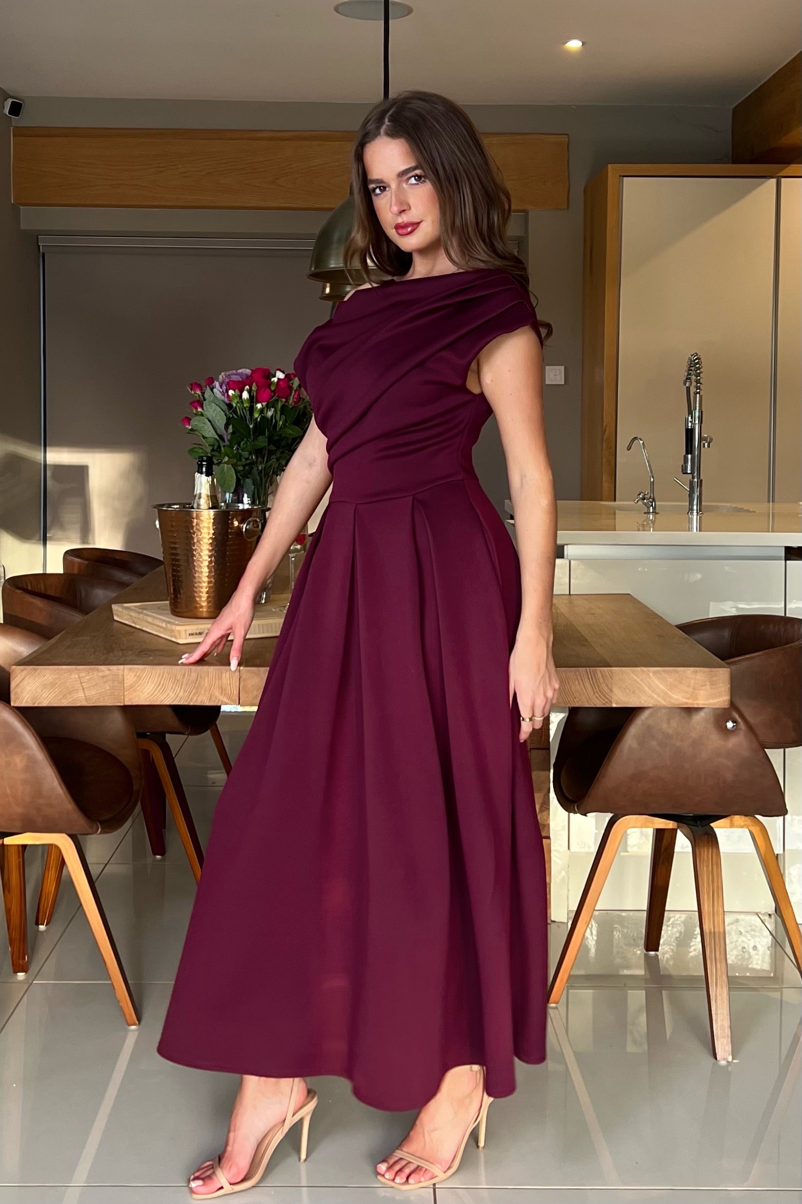 Betty Asymmetric Neckline Skater Midi Berry
