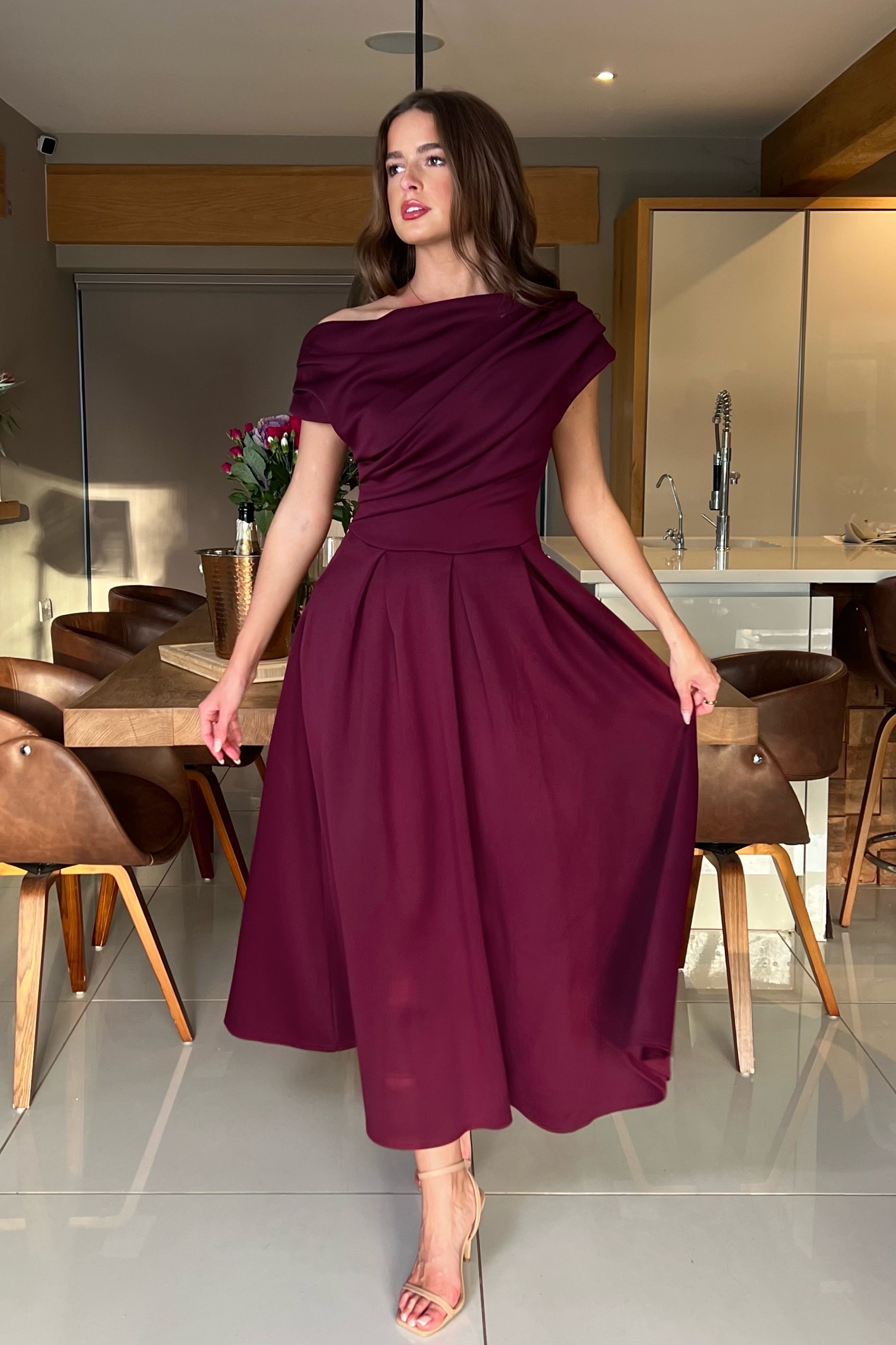 Betty Asymmetric Neckline Skater Midi Berry
