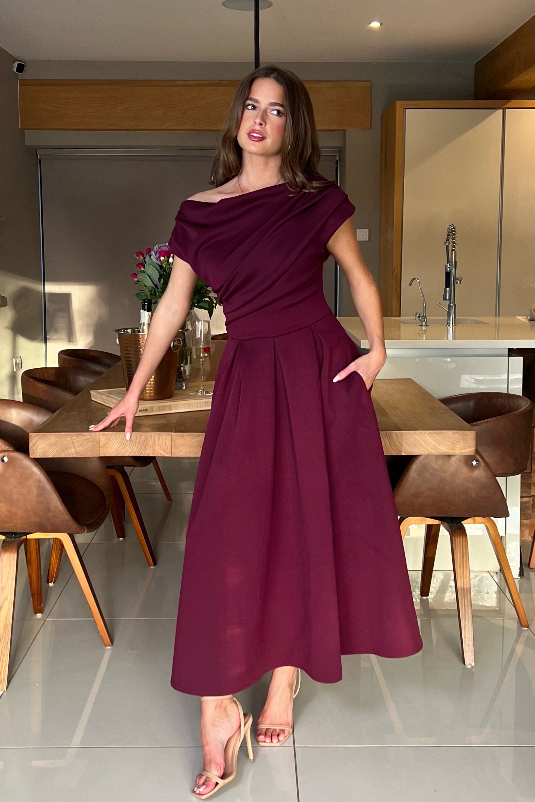 Betty Asymmetric Neckline Skater Midi Berry