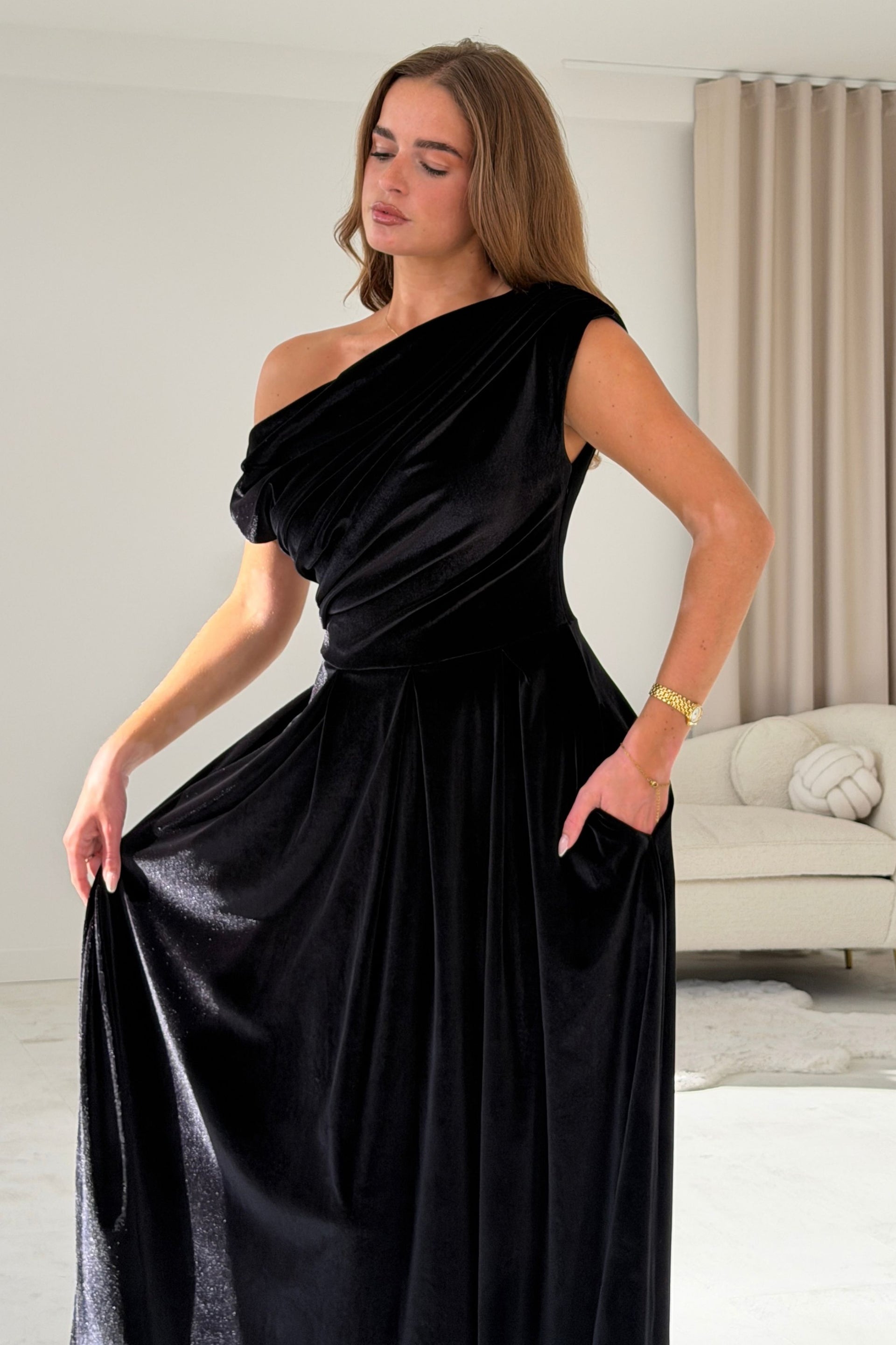 Betty Asymmetric Neckline Skater Midi Black Velvet