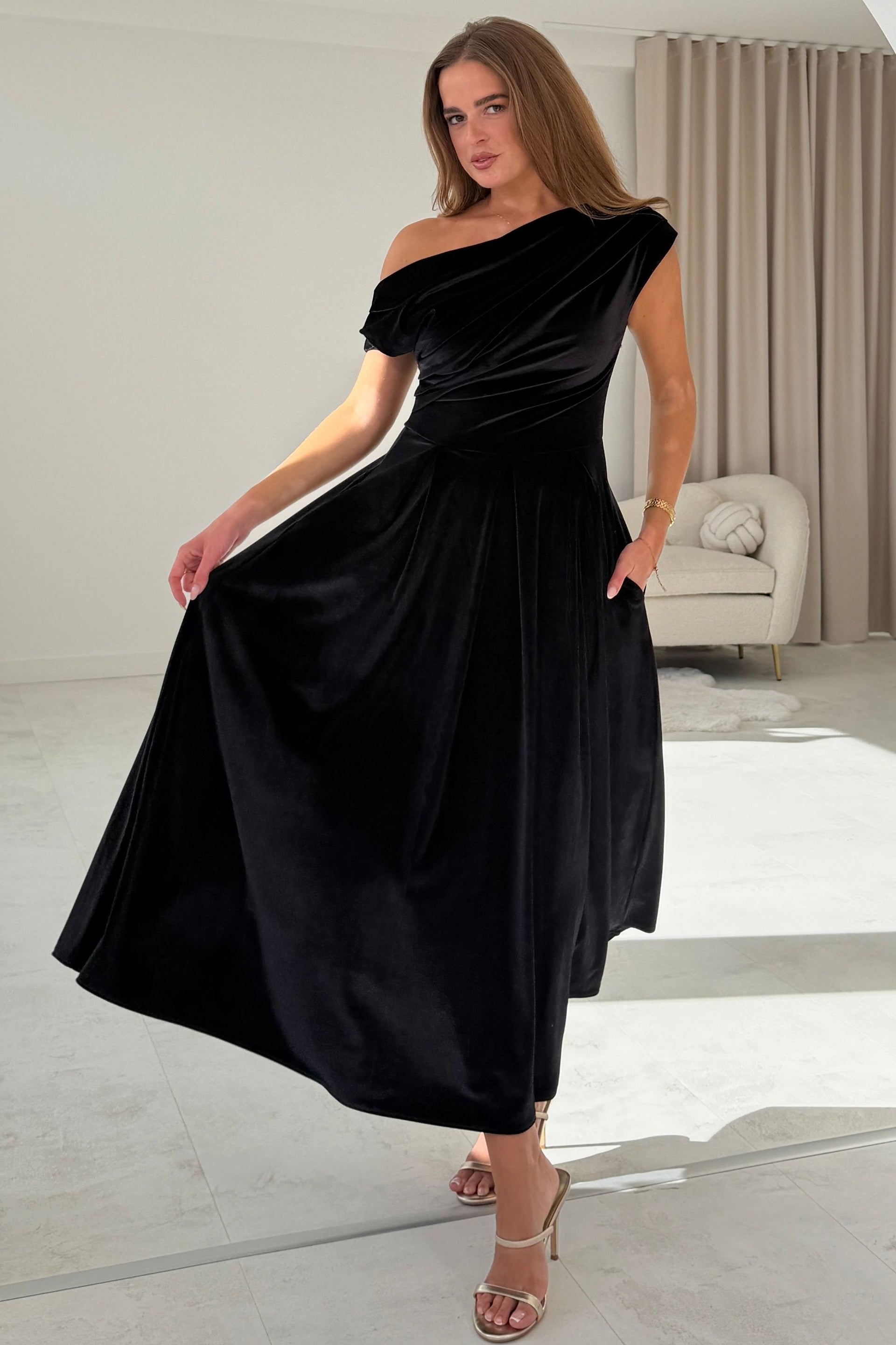 Betty Asymmetric Neckline Skater Midi Black Velvet