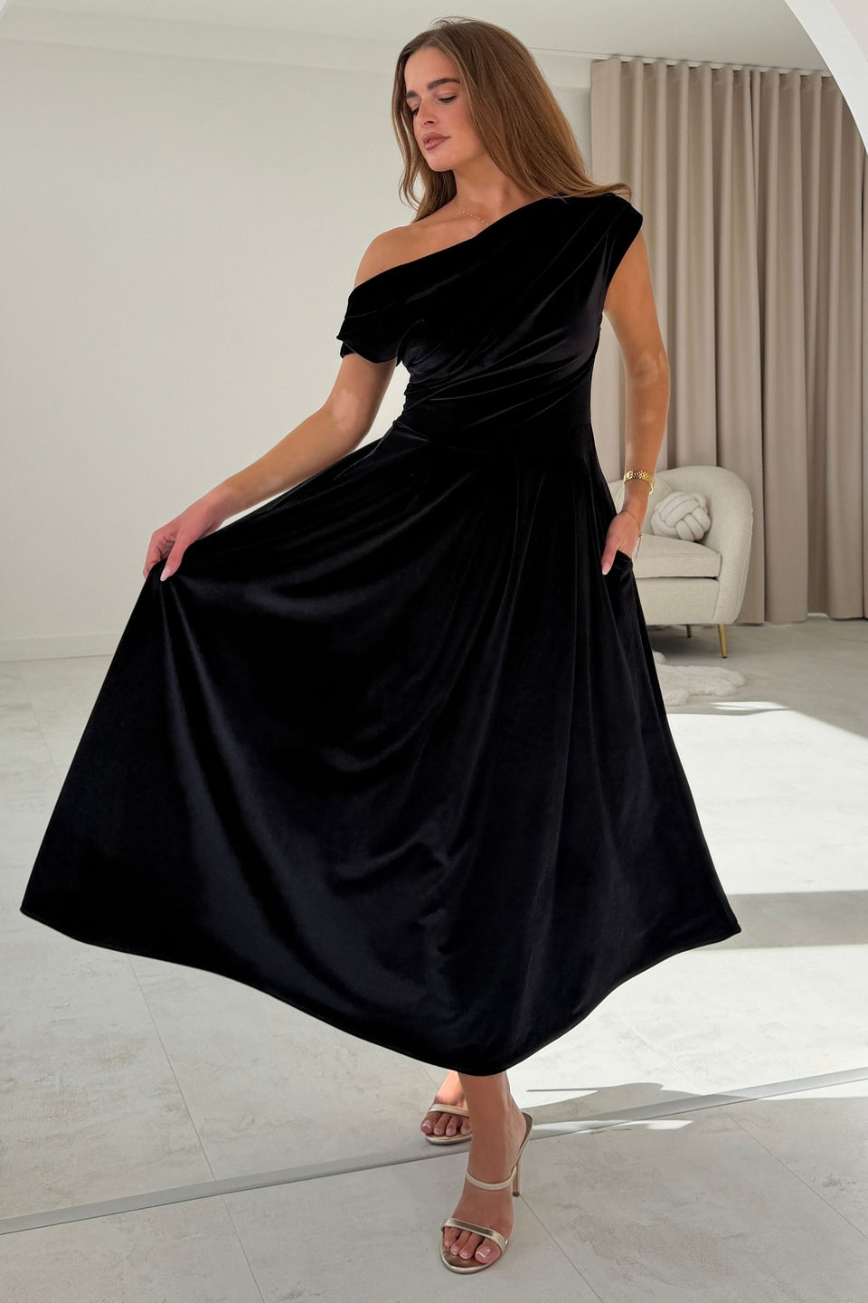 Betty Asymmetric Neckline Skater Midi Black Velvet