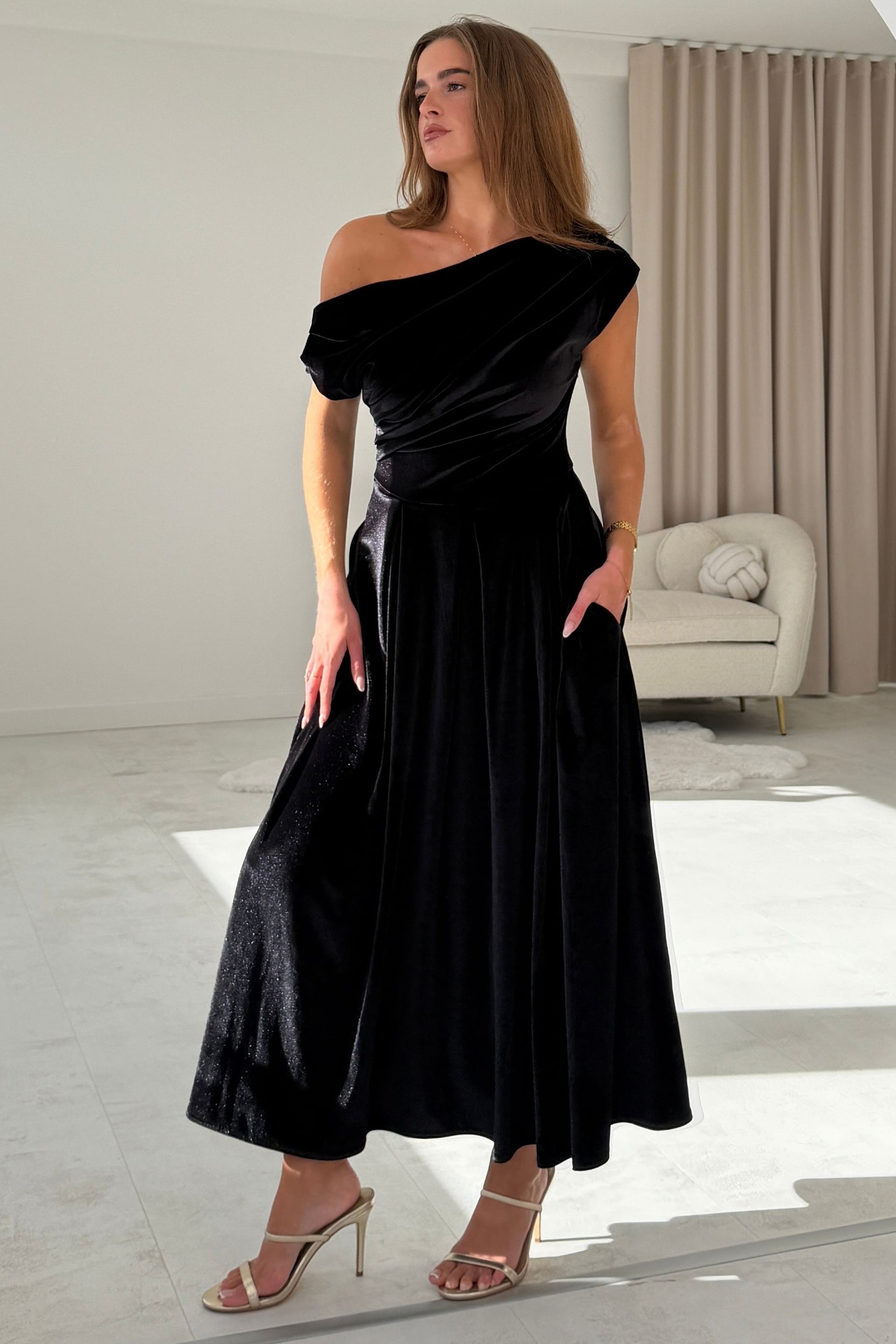 Betty Asymmetric Neckline Skater Midi Black Velvet