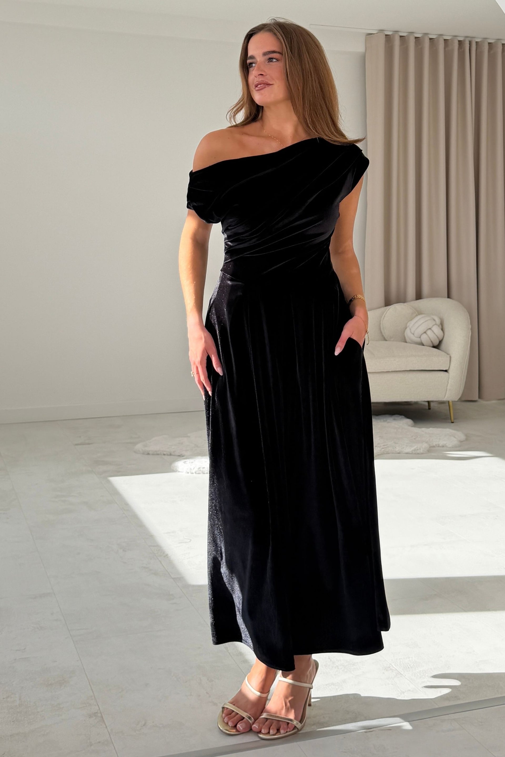 Betty Asymmetric Neckline Skater Midi Black Velvet