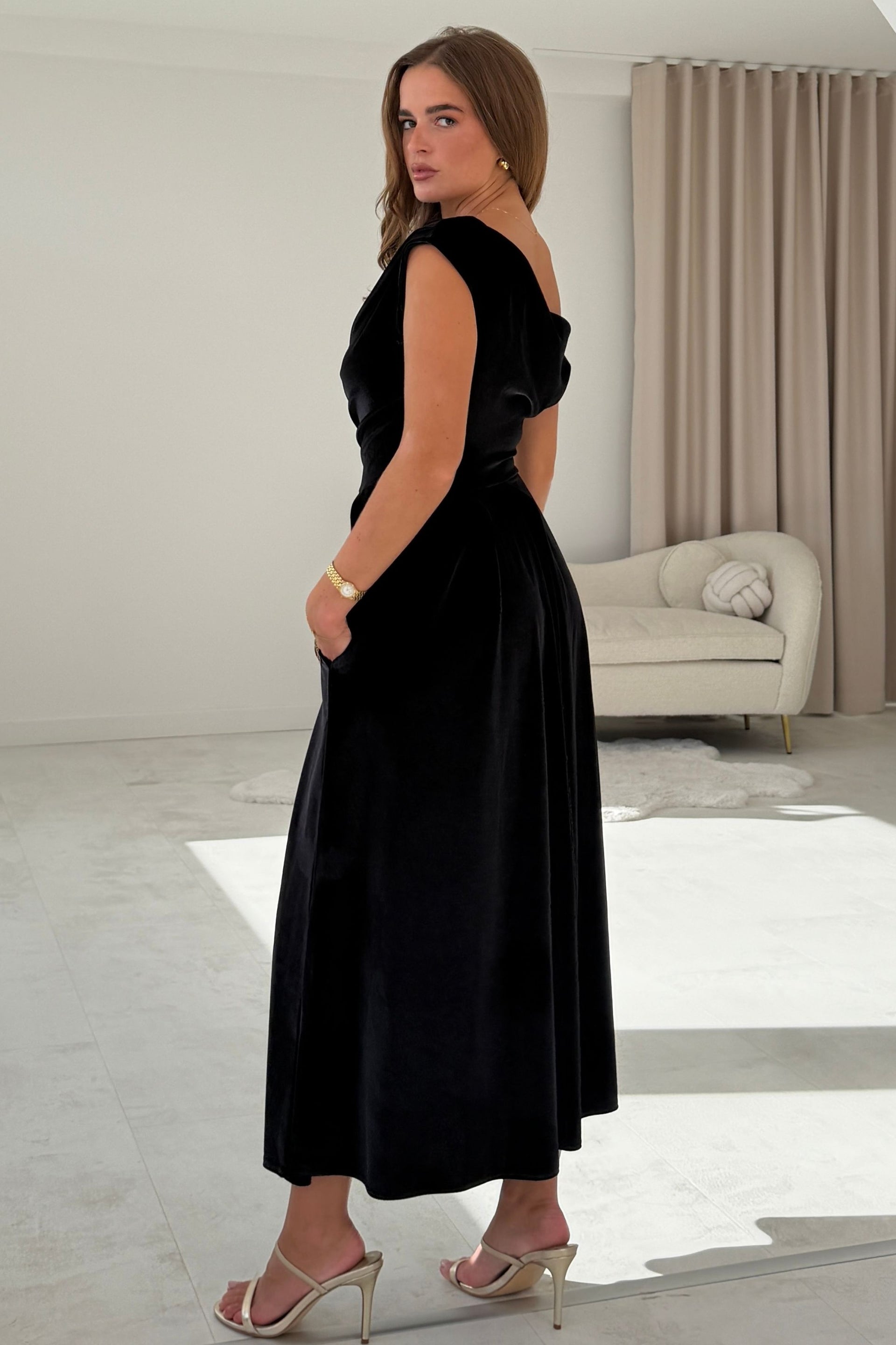 Betty Asymmetric Neckline Skater Midi Black Velvet