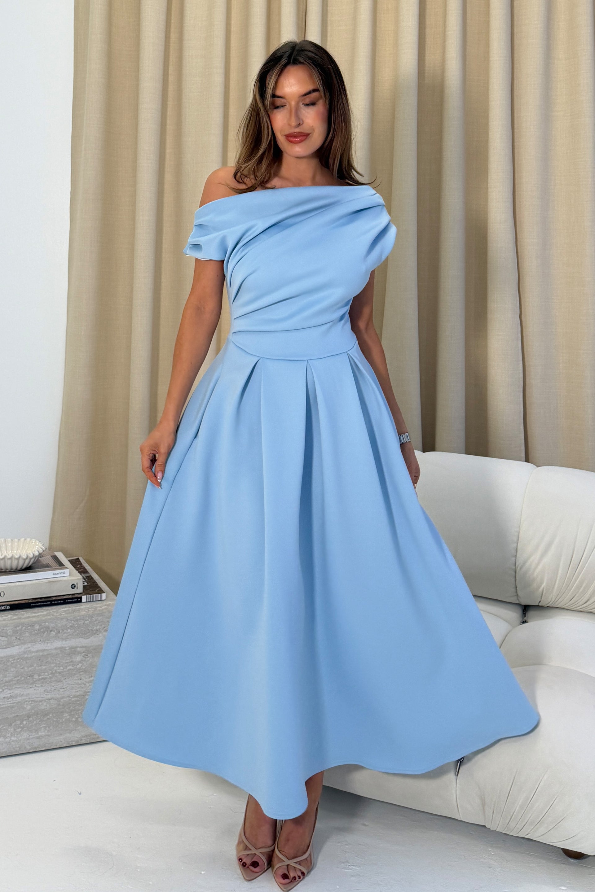 Betty Asymmetric Neckline Skater Midi Blue