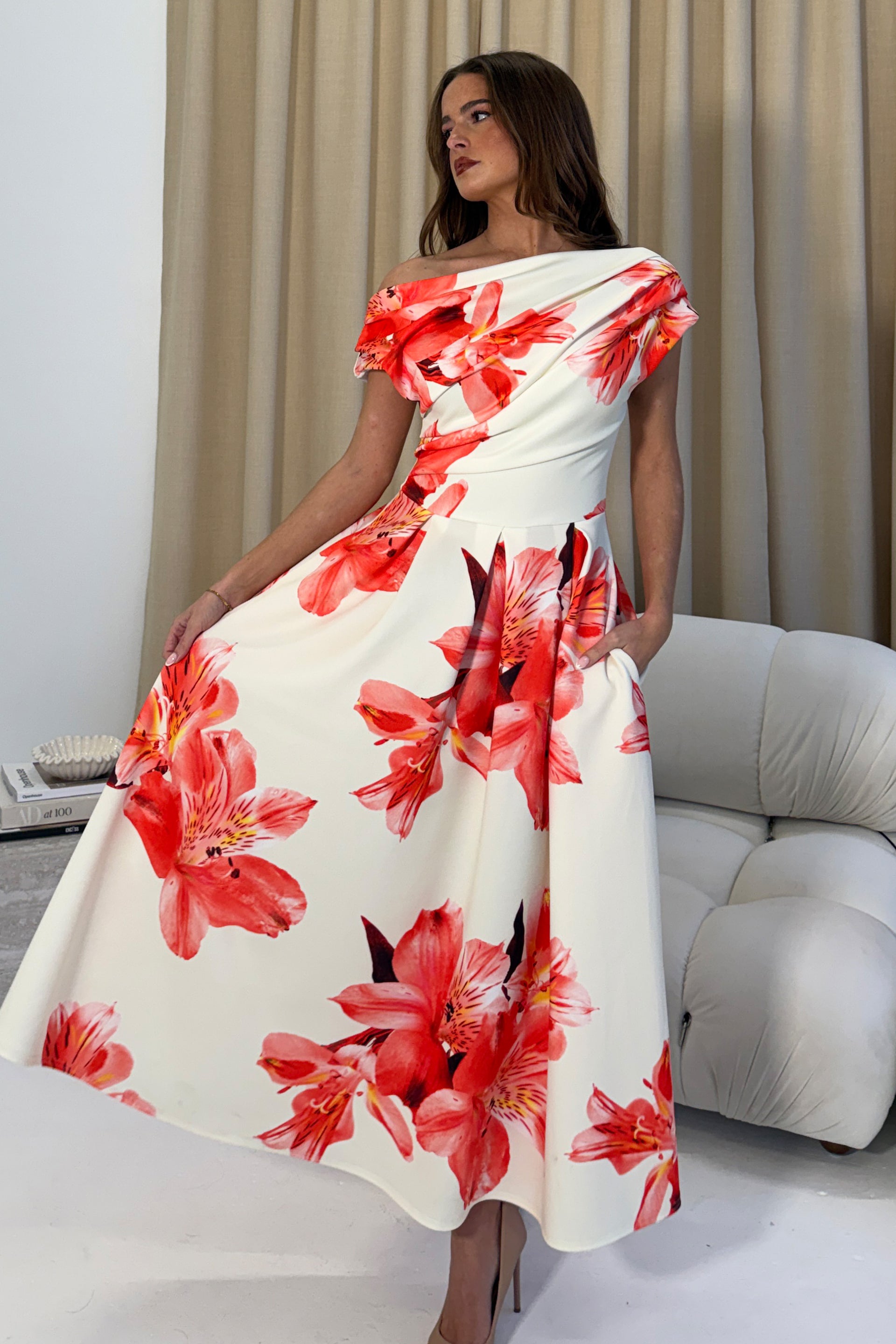 Betty Asymmetric Floral Print Midi Dress Orange
