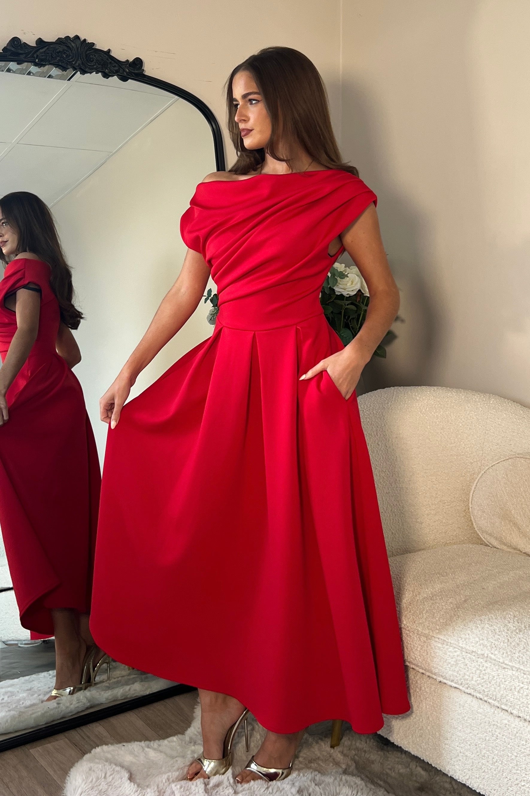 Betty Asymmetric Neckline Skater Midi Red Girl In Mind Betty Asymmetric Neckline Skater Midi Red Girl In Mind