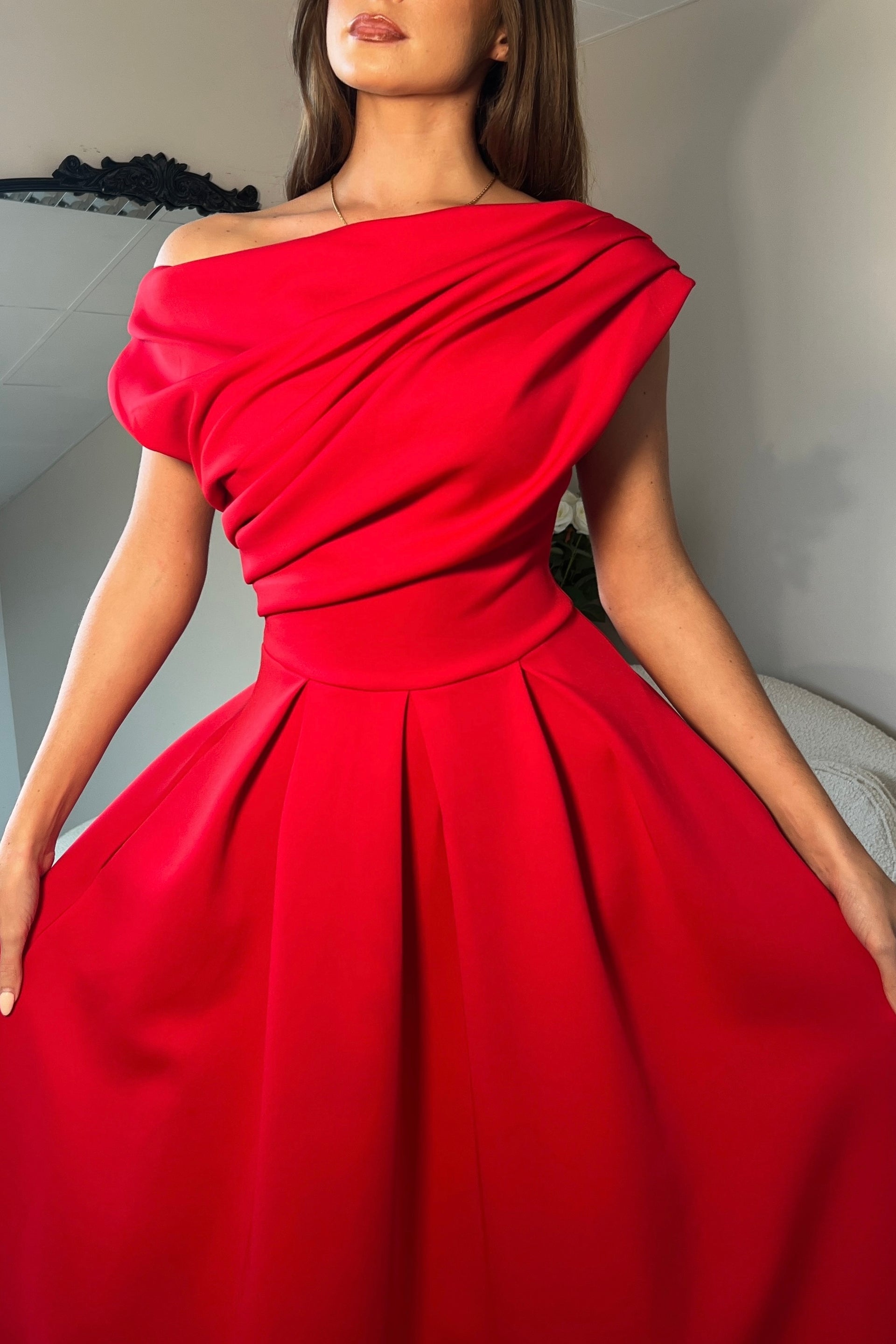 Betty Asymmetric Neckline Skater Midi Red Girl In Mind Betty Asymmetric Neckline Skater Midi Red Girl In Mind