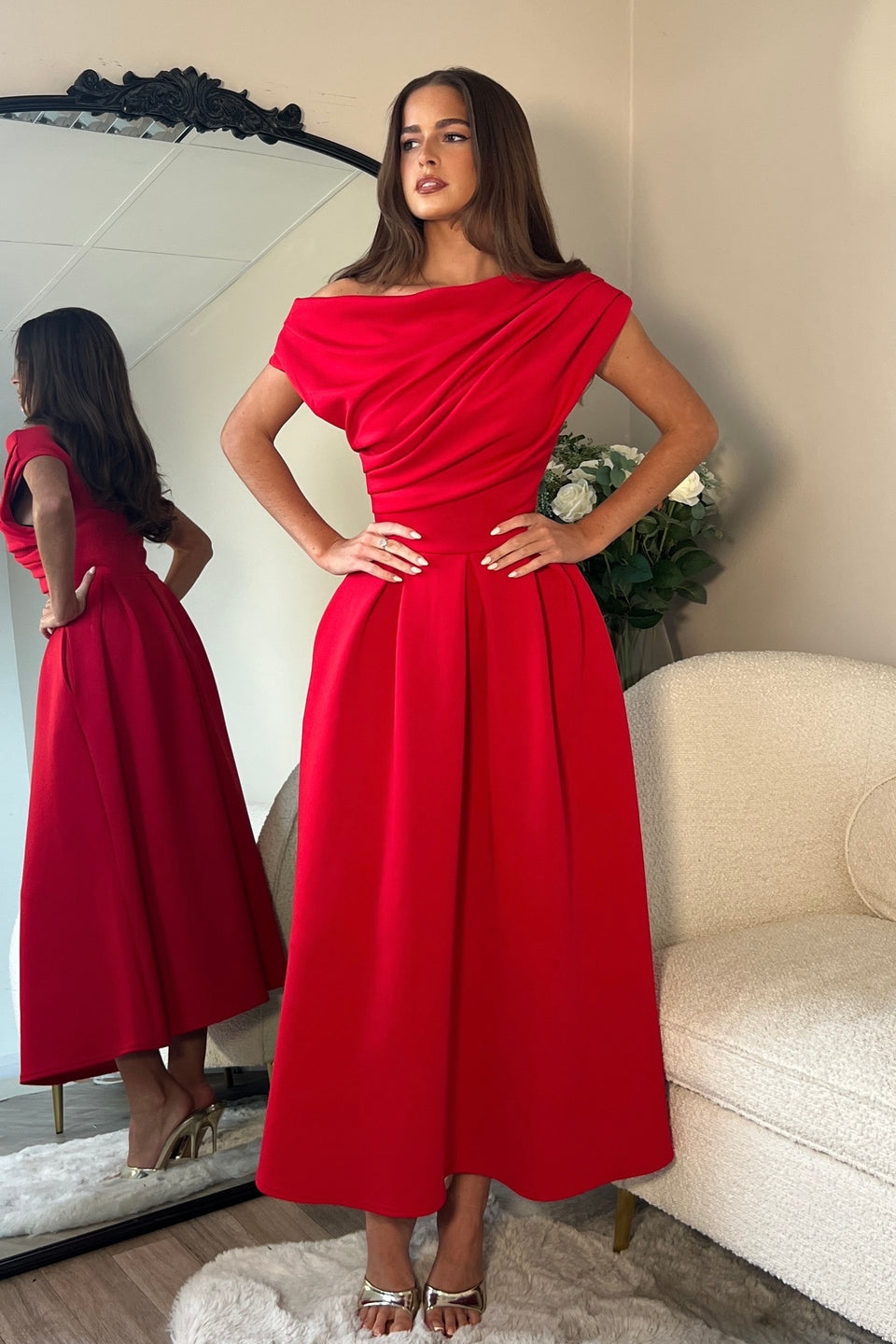 Betty Asymmetric Neckline Skater Midi Red
