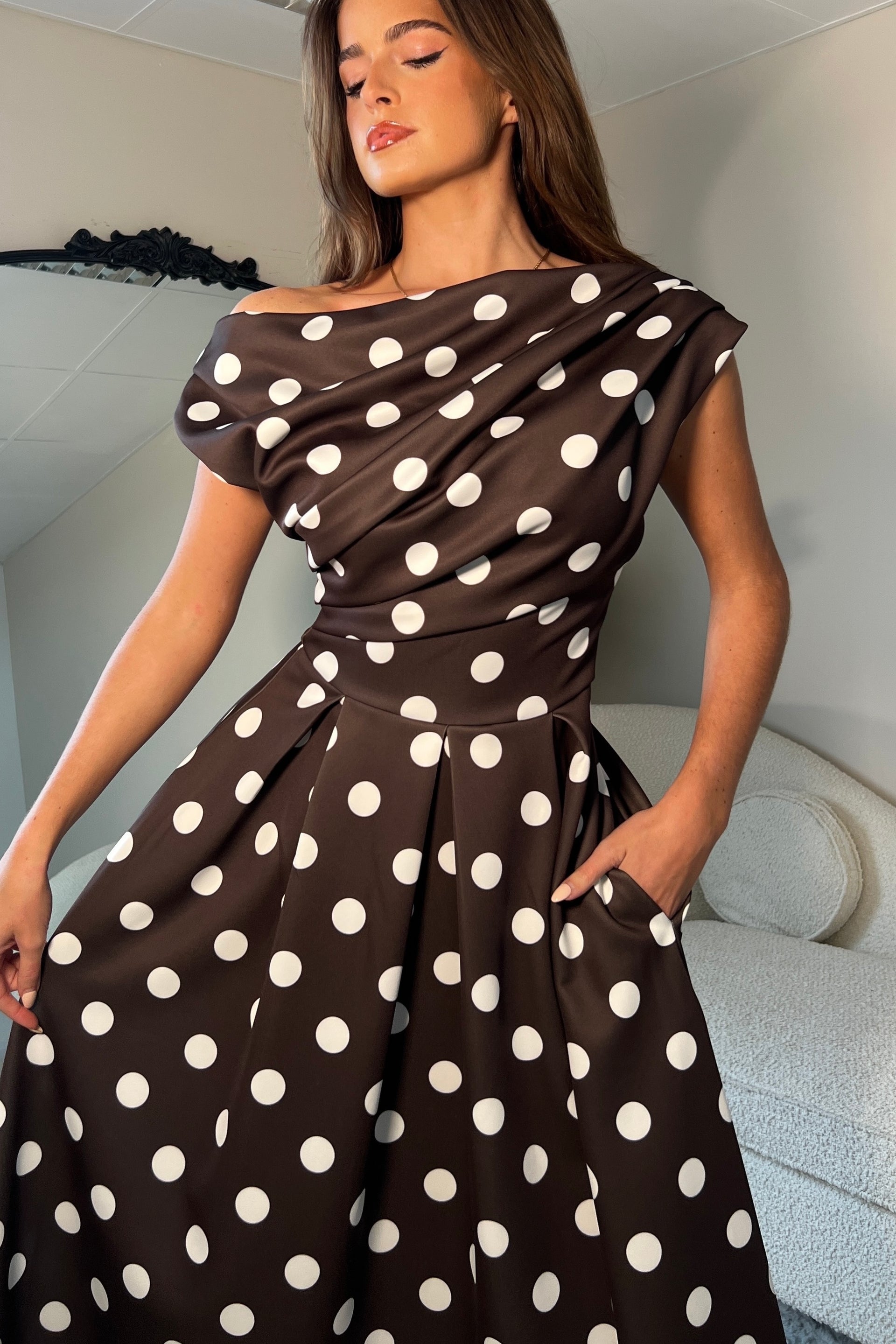 Betty Asymmetric Neckline Skater Midi Brown Spot Girl In Mind Betty Asymmetric Neckline Skater Midi Brown Spot Girl In Mind
