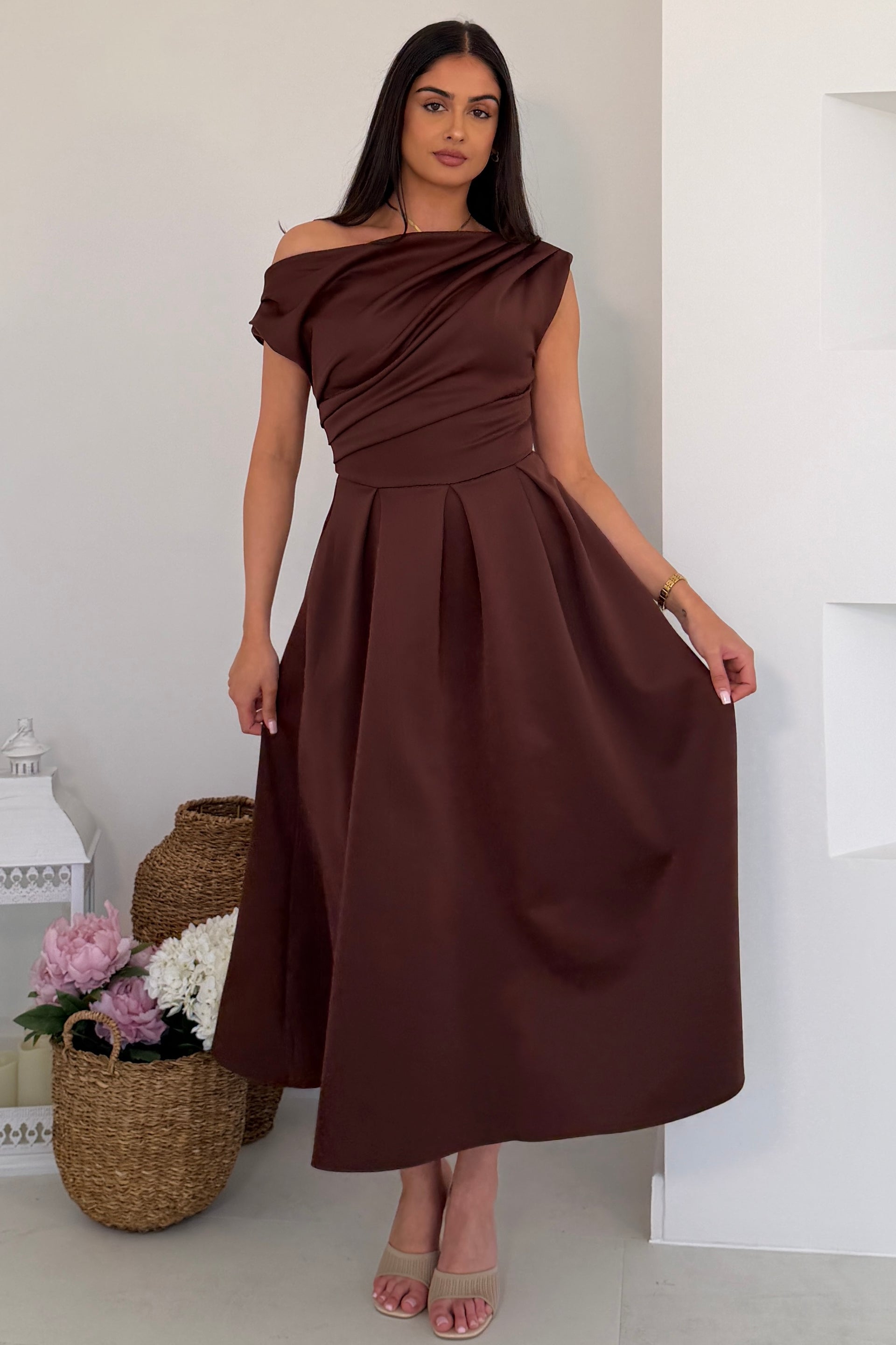 Betty Asymmetric Neckline Skater Midi Brown