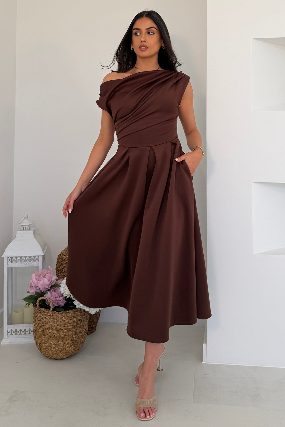 Betty Asymmetric Neckline Skater Midi Brown