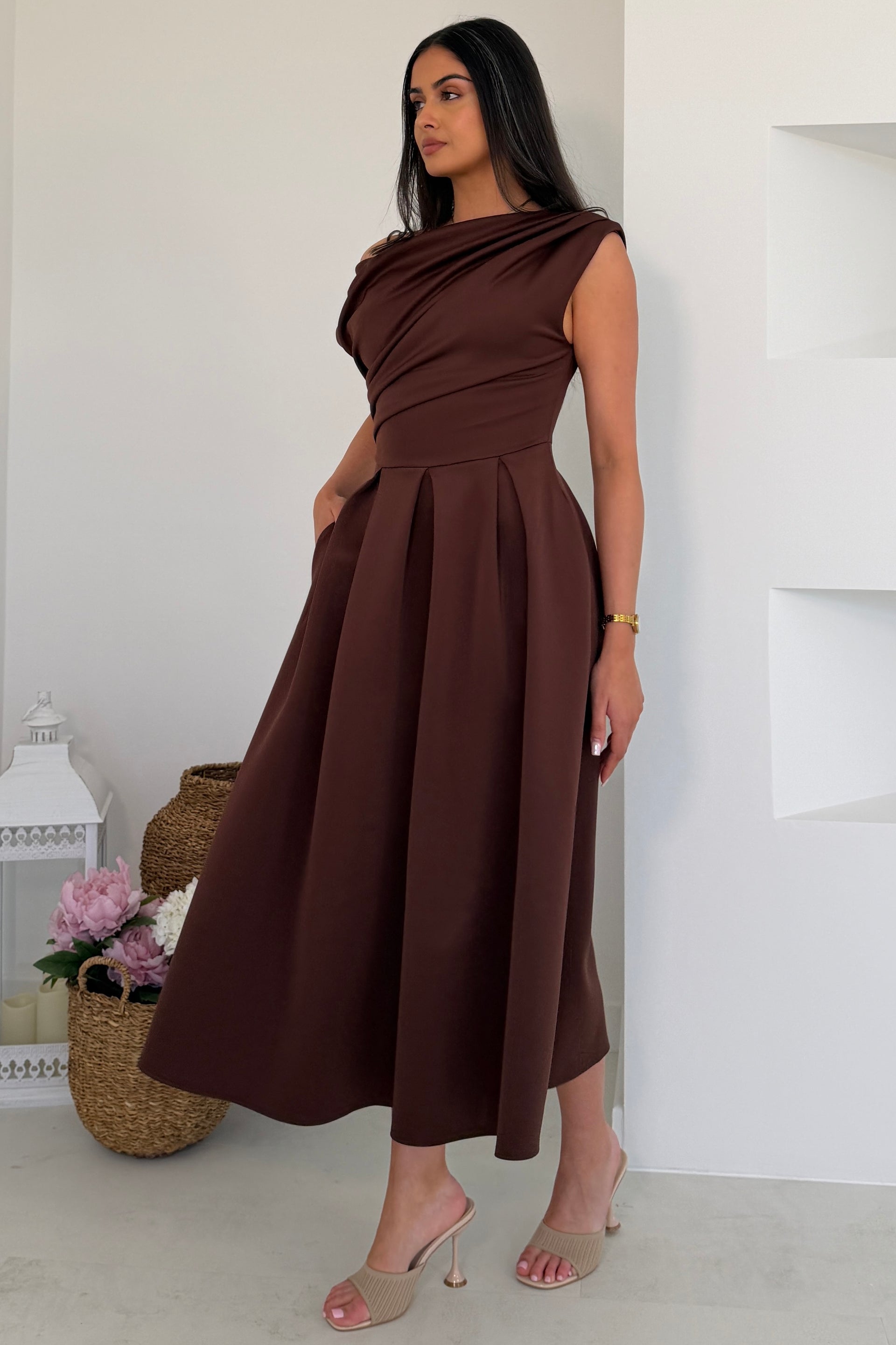 Betty Asymmetric Neckline Skater Midi Brown