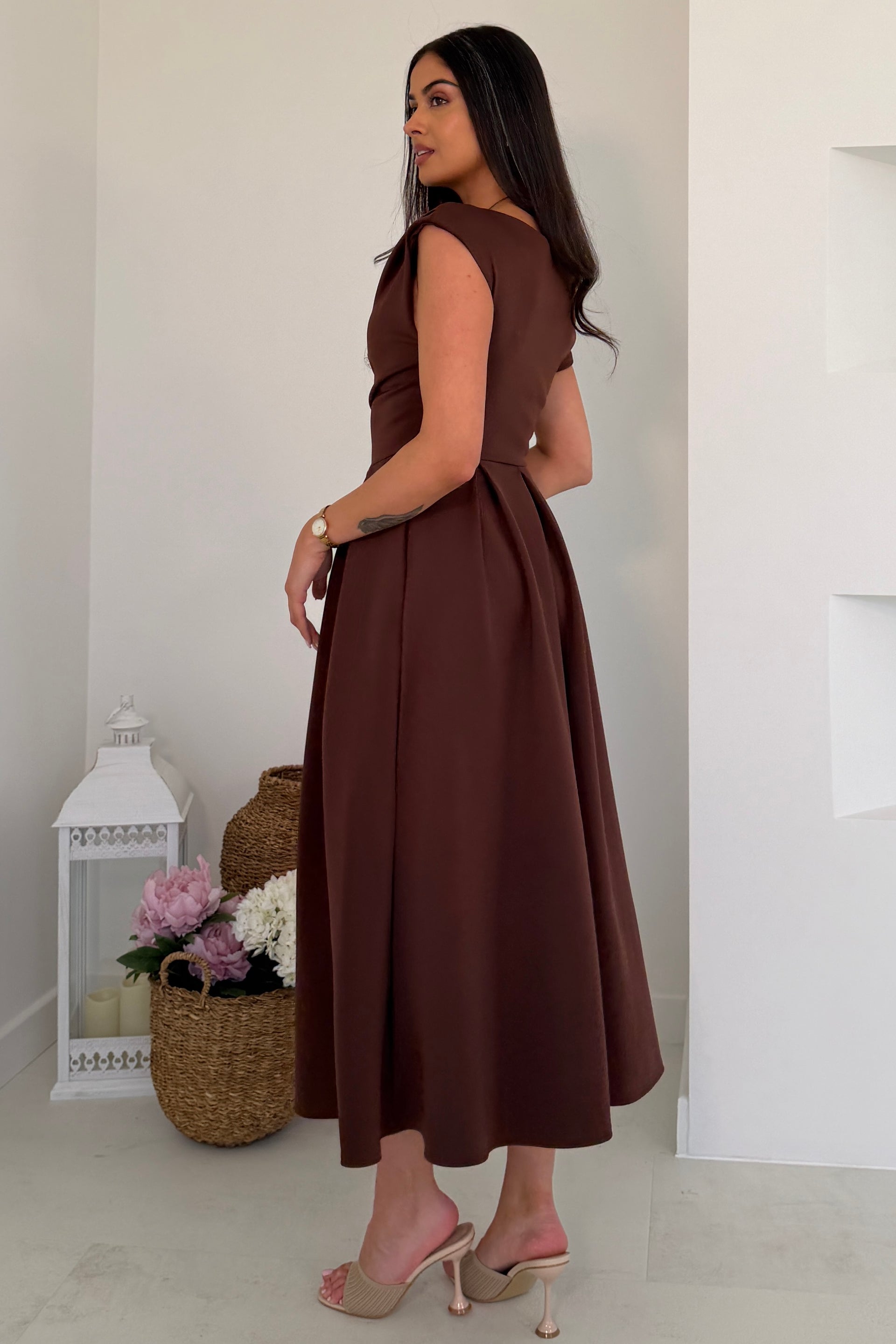 Betty Asymmetric Neckline Skater Midi Brown