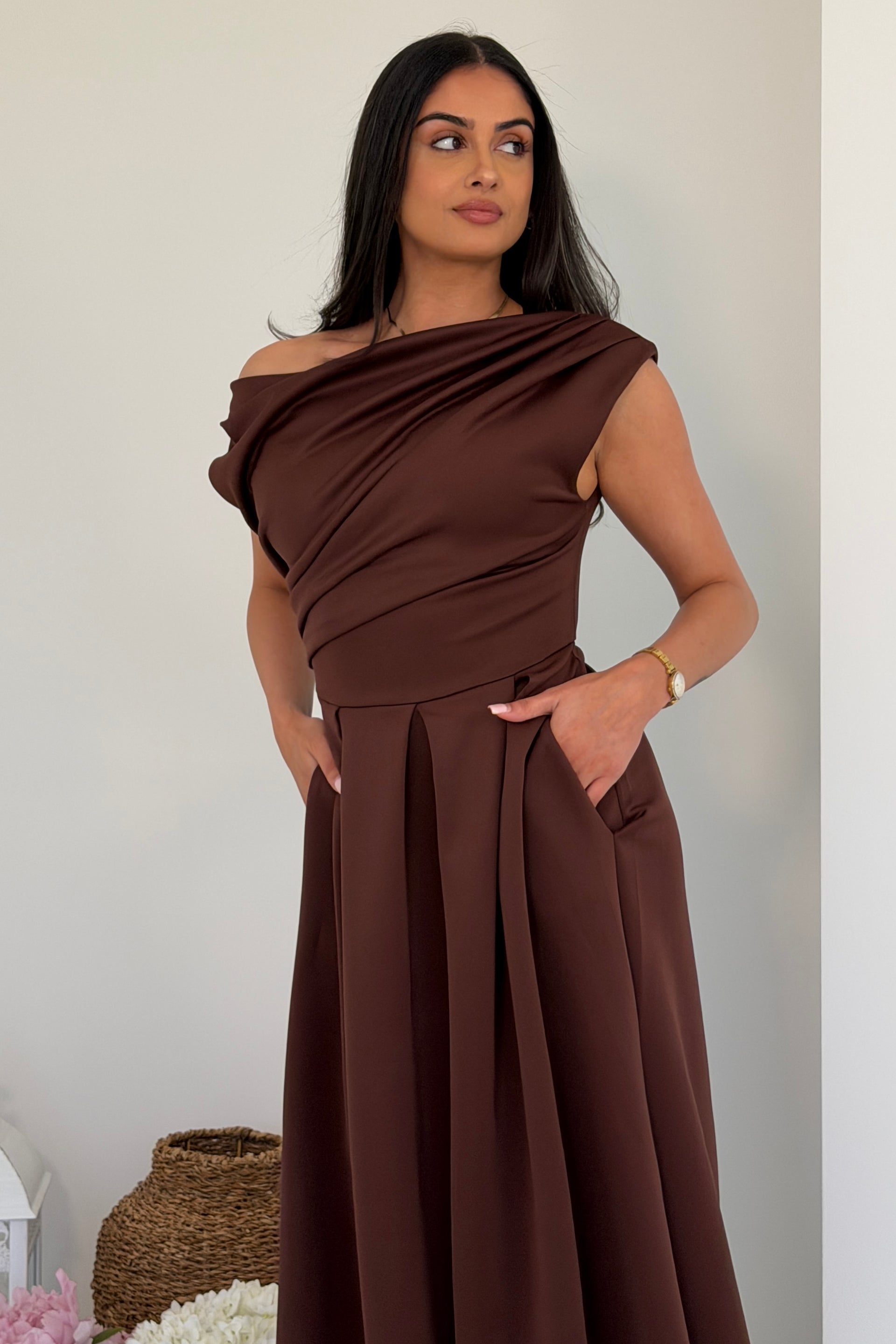 Betty Asymmetric Neckline Skater Midi Brown
