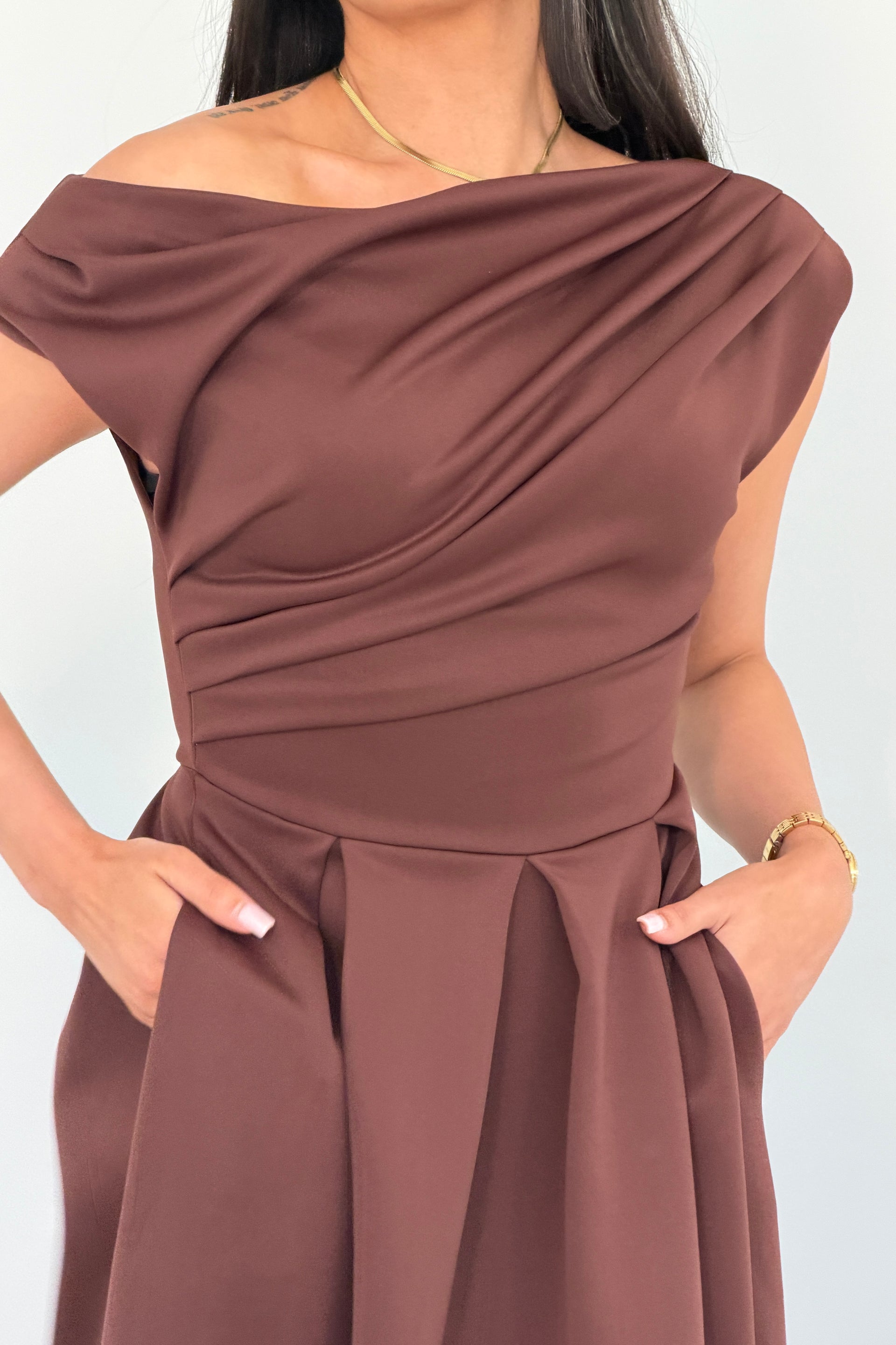 Betty Asymmetric Neckline Skater Midi Brown