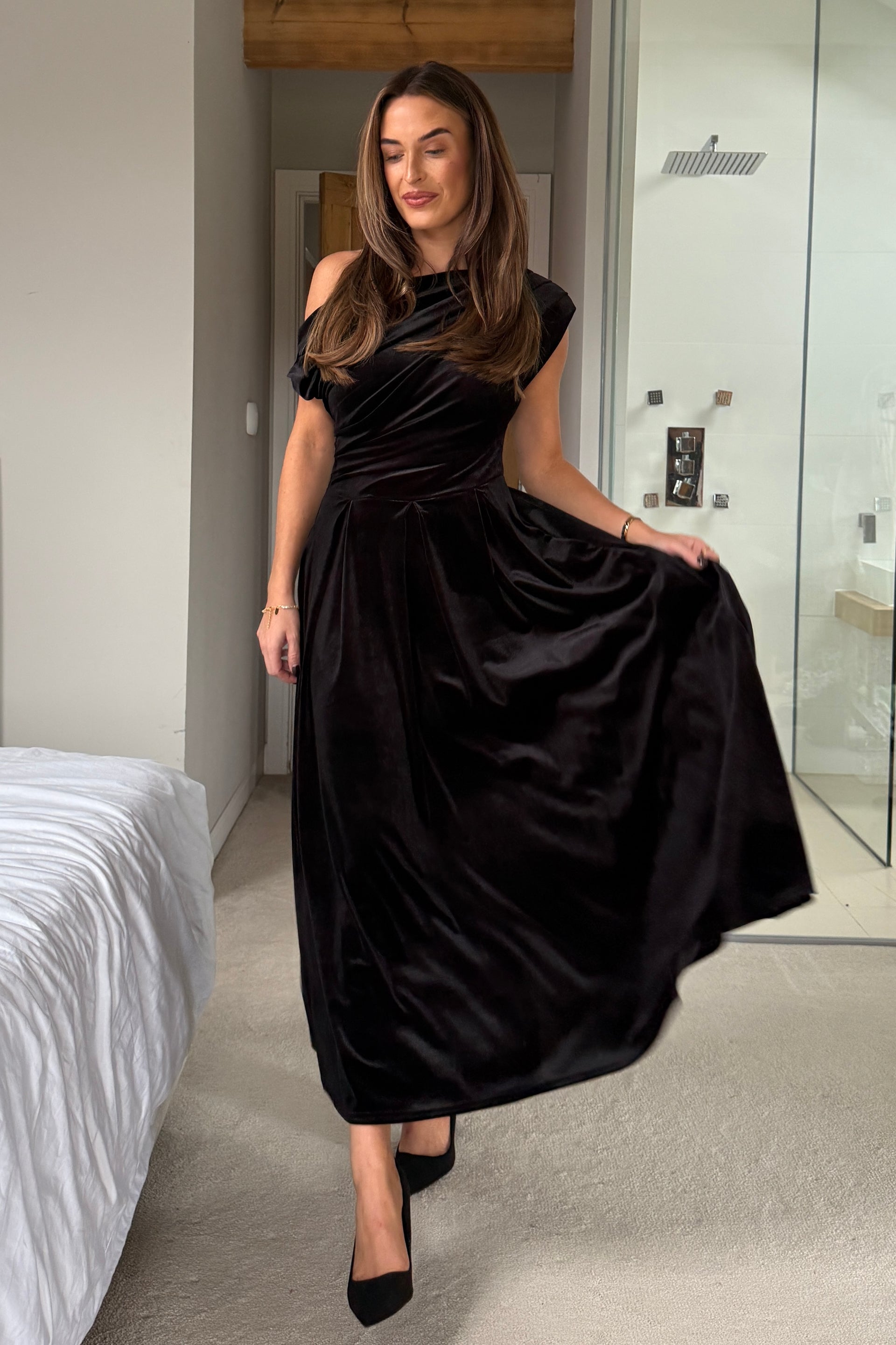 black velvet asymmetric bodycon midi dress Ariana Black Velvet Asymmetric Neckline Midi Dress