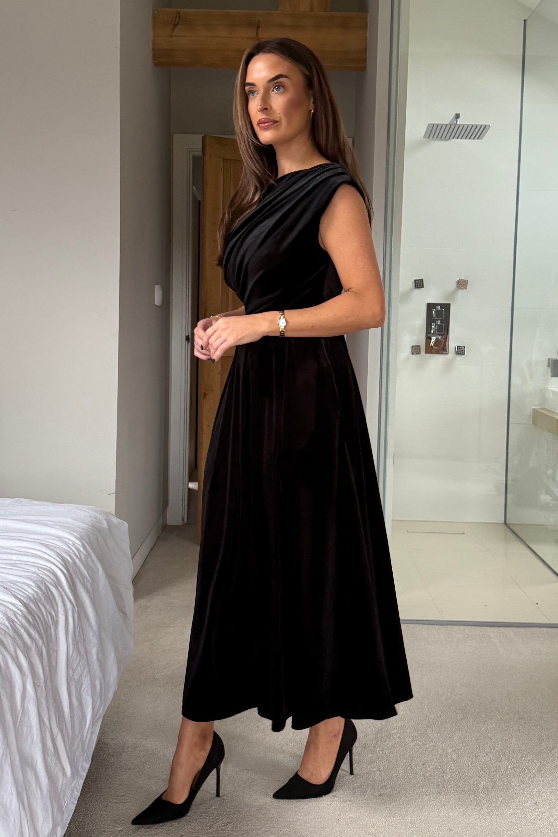 Betty Asymmetric Neckline Skater Midi Black Velvet Girl In Mind Betty Asymmetric Neckline Skater Midi Black Velvet Girl In Mind