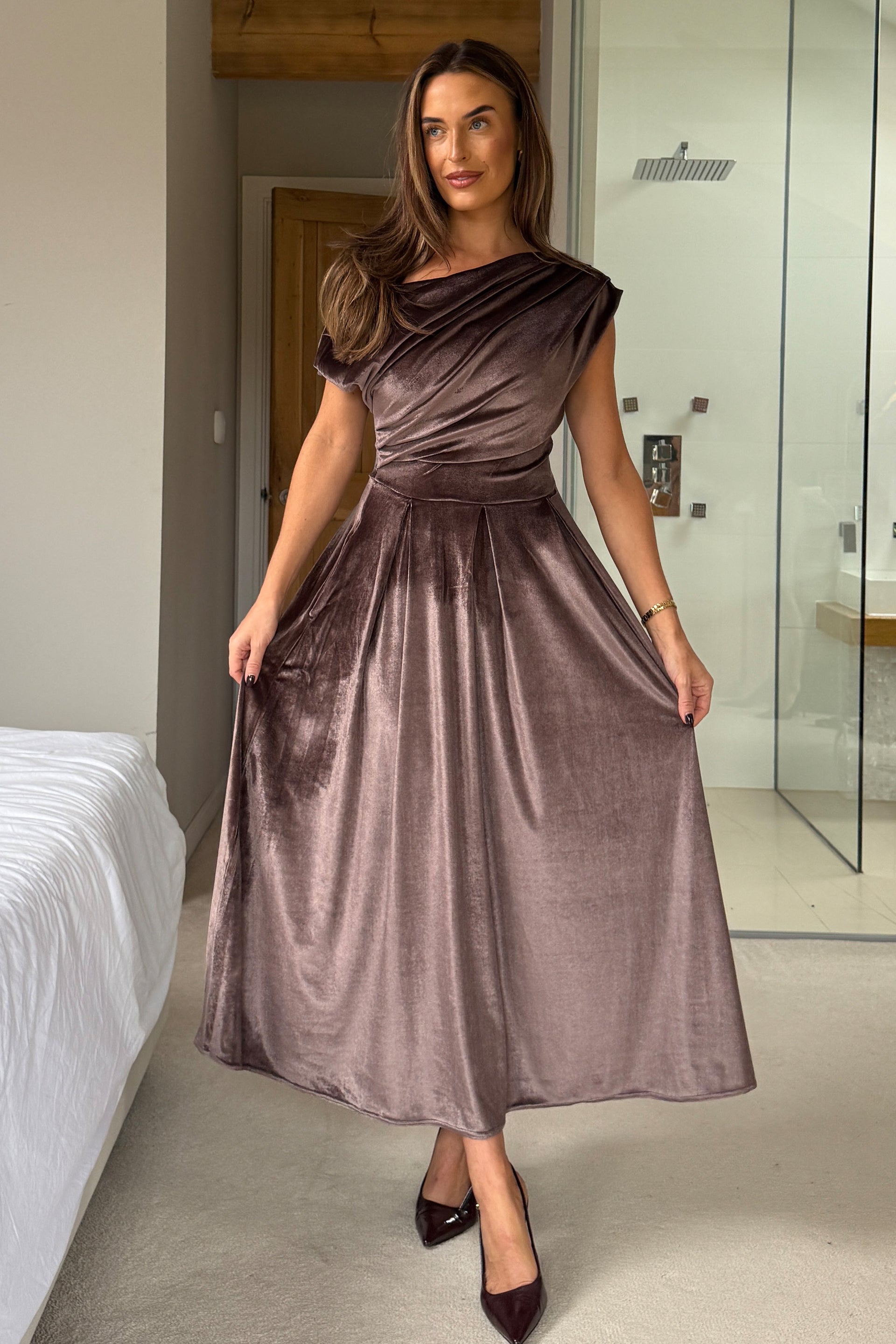 Betty Asymmetric Neckline Skater Midi Brown Velvet Girl In Mind Betty Asymmetric Neckline Skater Midi Brown Velvet Girl In Mind