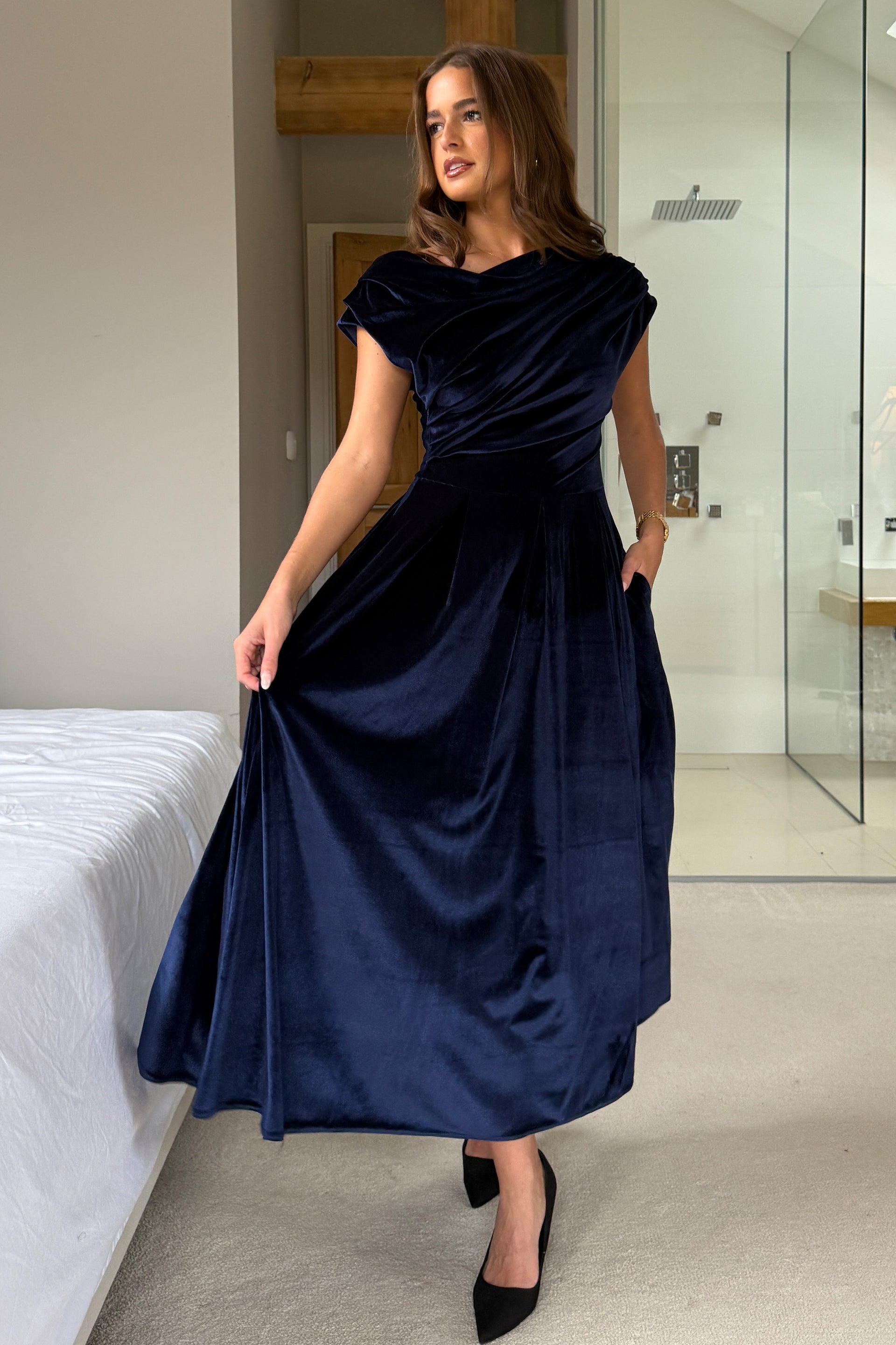 Betty Asymmetric Neckline Skater Midi Navy Velvet Girl In Mind Betty Asymmetric Neckline Skater Midi Navy Velvet Girl In Mind