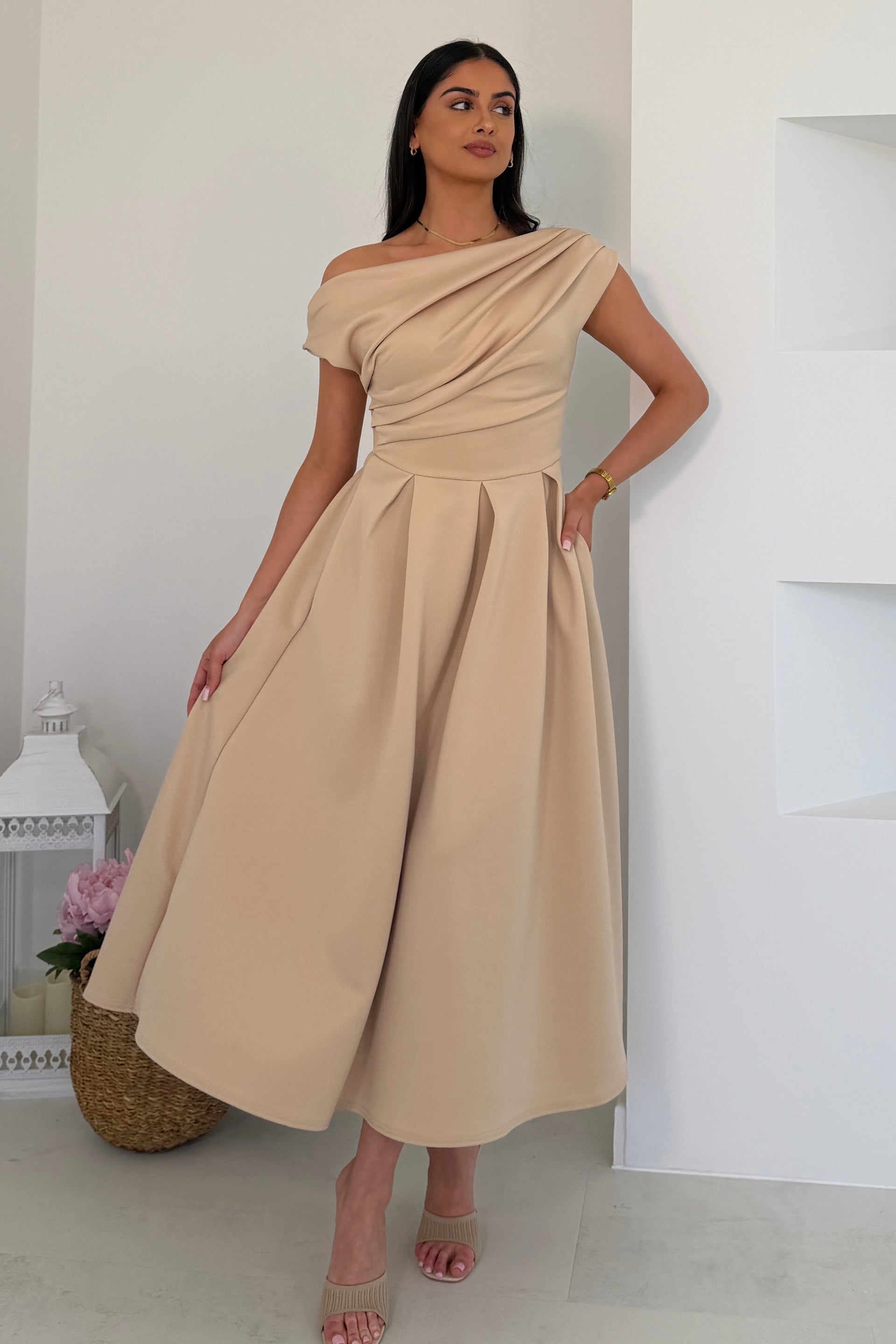 Betty Asymmetric Midi Dress Cream