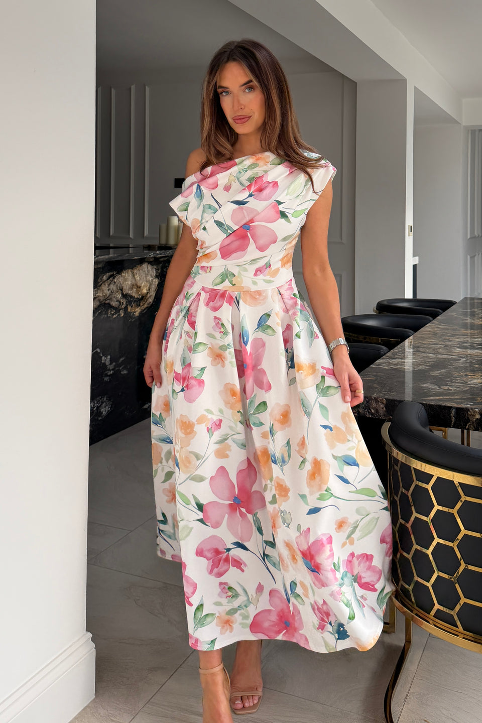 Betty Asymmetric Neckline Skater Midi Dress Print