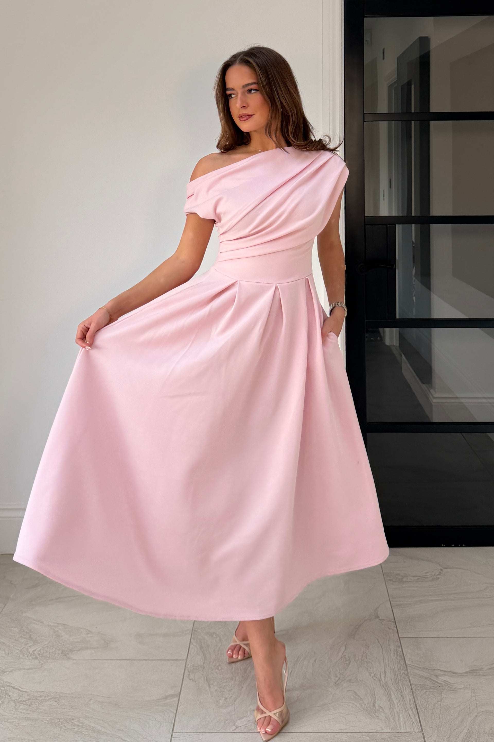 Betty Asymmetric Neckline Skater Midi Pink