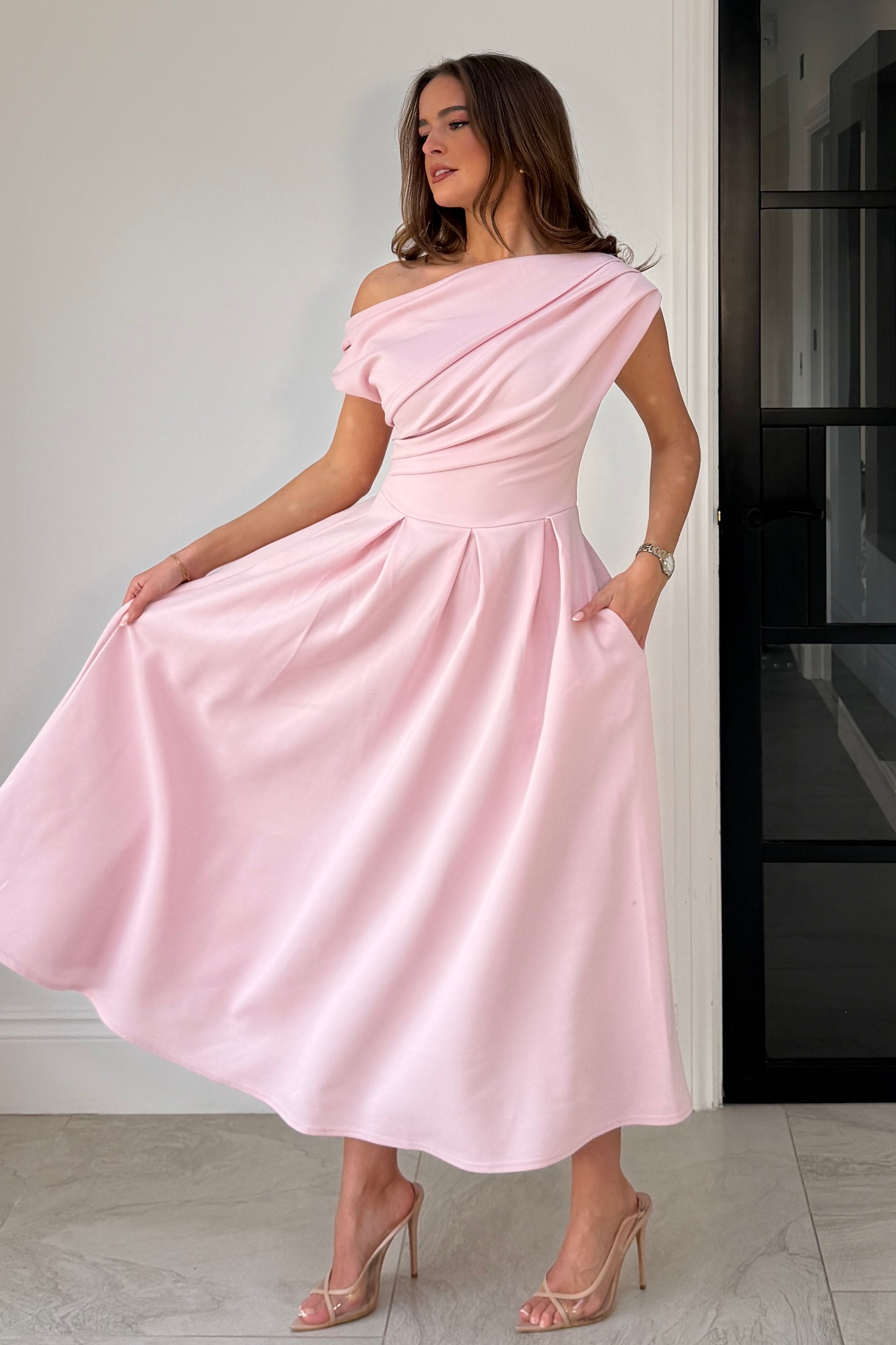 Betty Asymmetric Neckline Skater Midi Pink