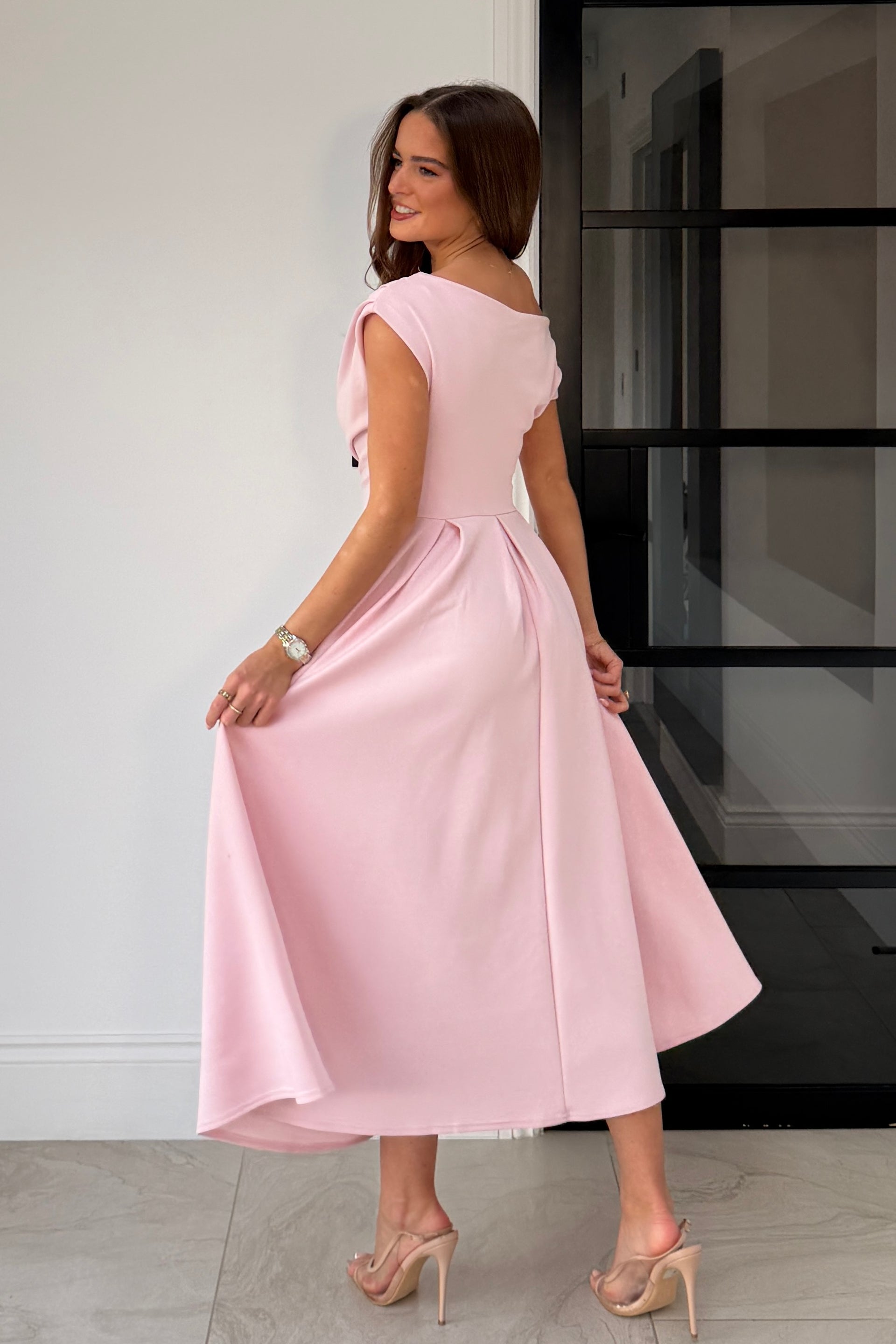 Betty Asymmetric Neckline Skater Midi Pink Girl In Mind Betty Asymmetric Neckline Skater Midi Pink Girl In Mind