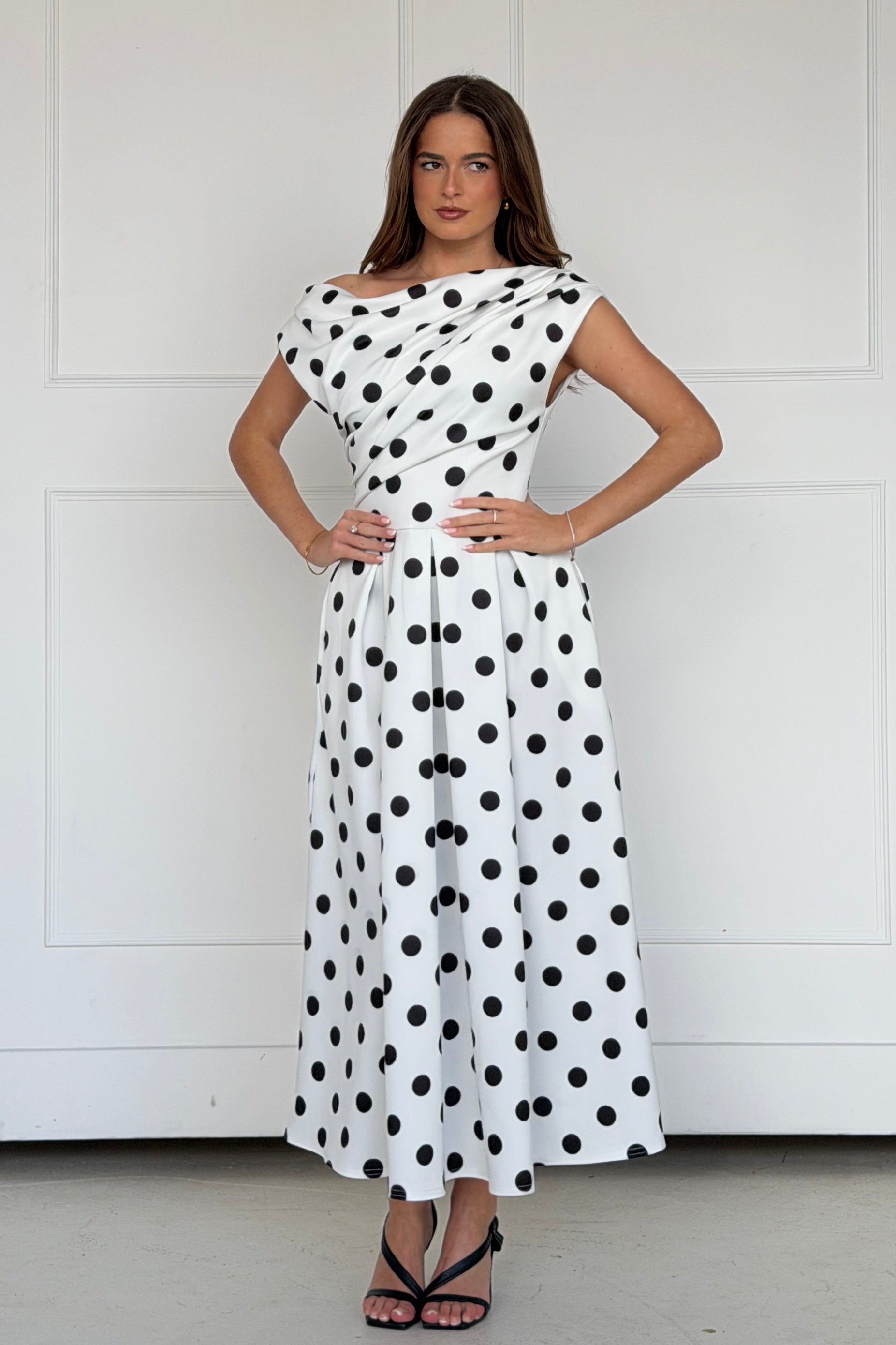 Betty Asymmetric Midi Dress Polka