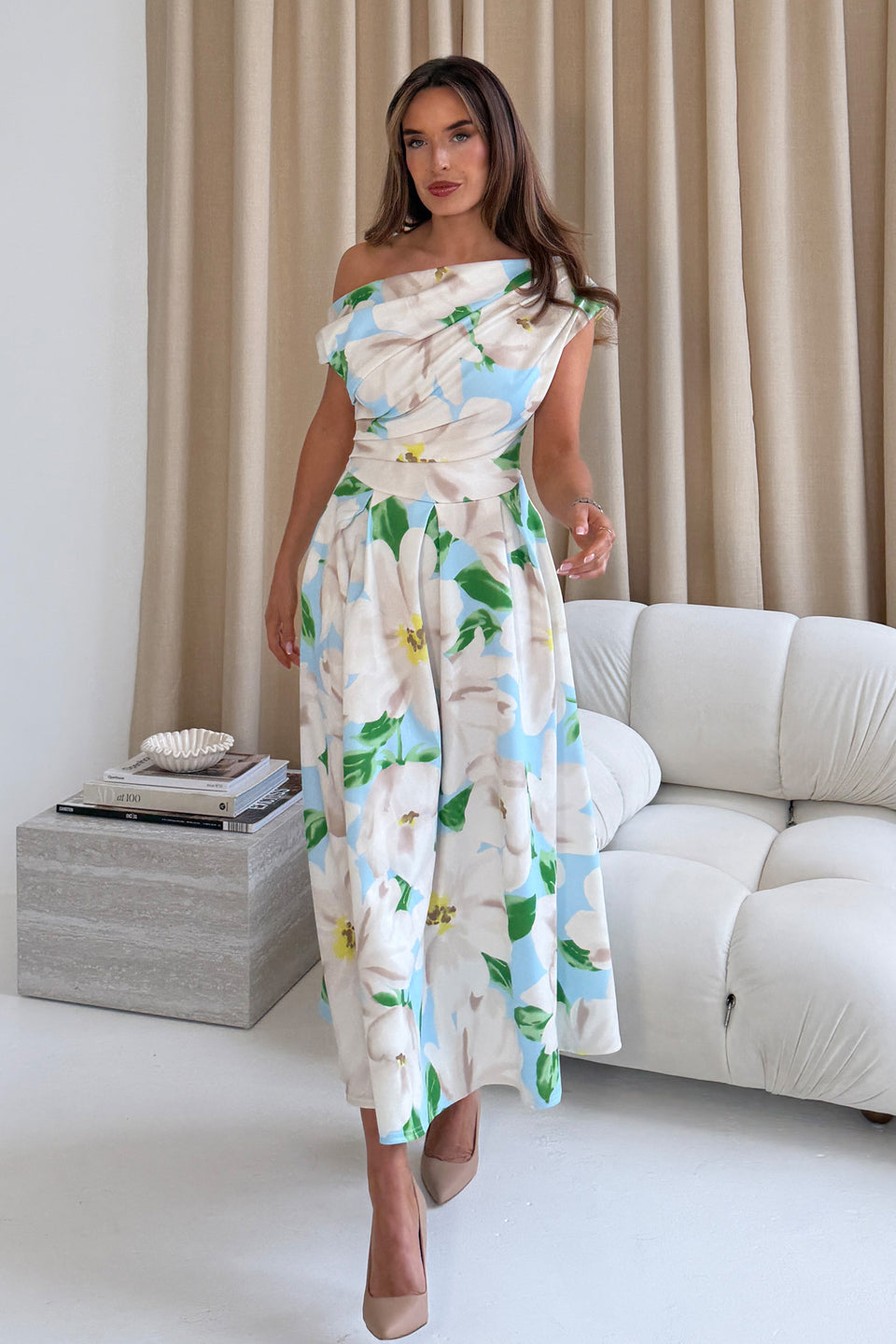 Betty Asymmetric Floral Print Midi Dress Sky