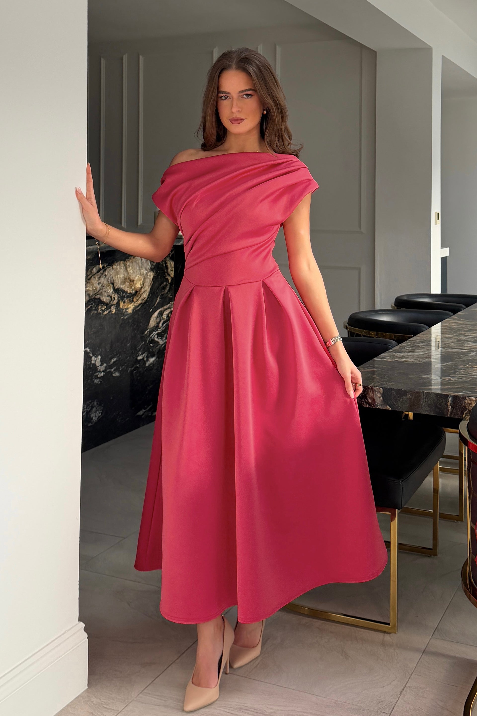 Betty Asymmetric Midi Dress Blush Coral