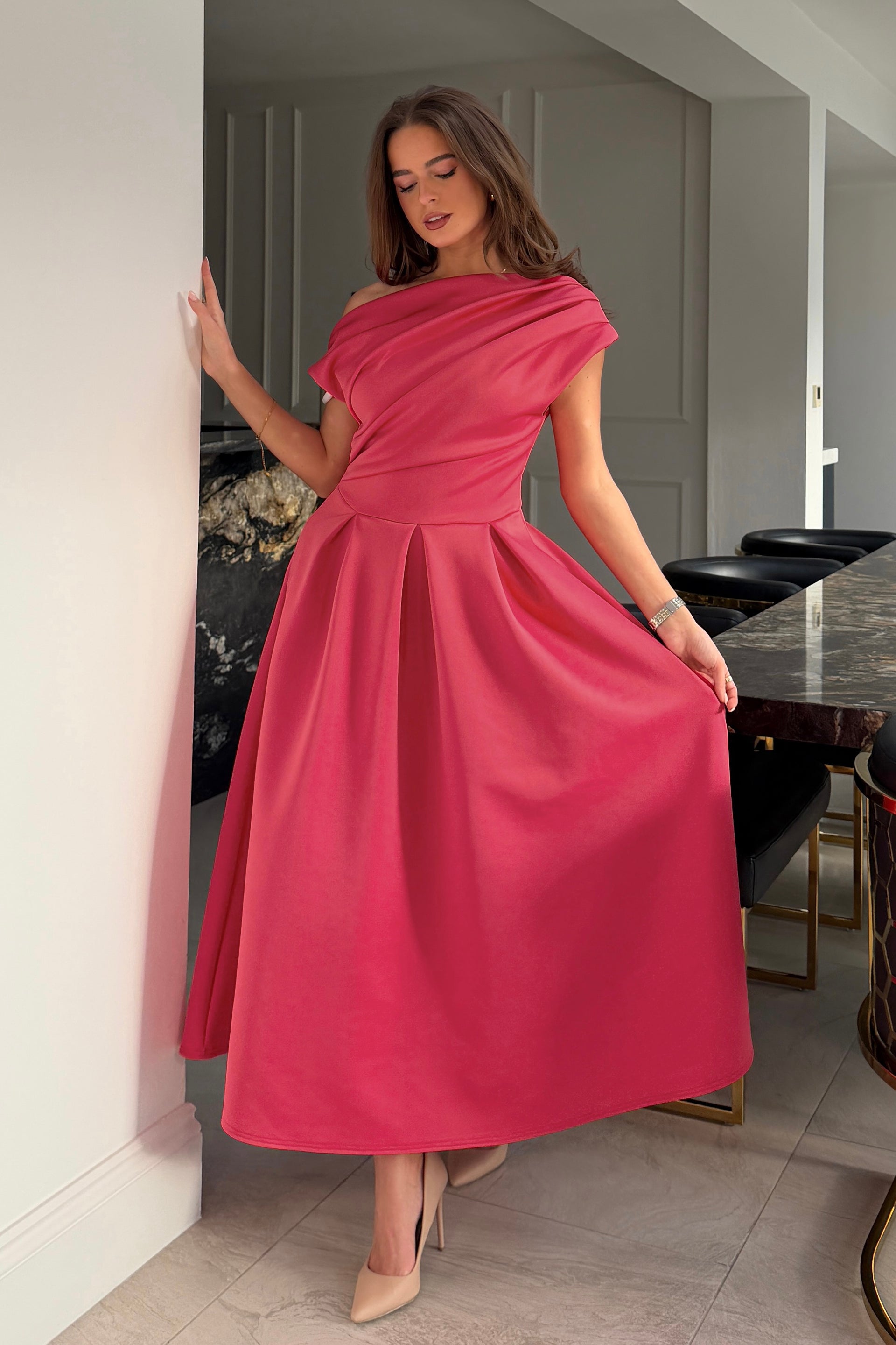 Betty Asymmetric Midi Dress Blush Coral