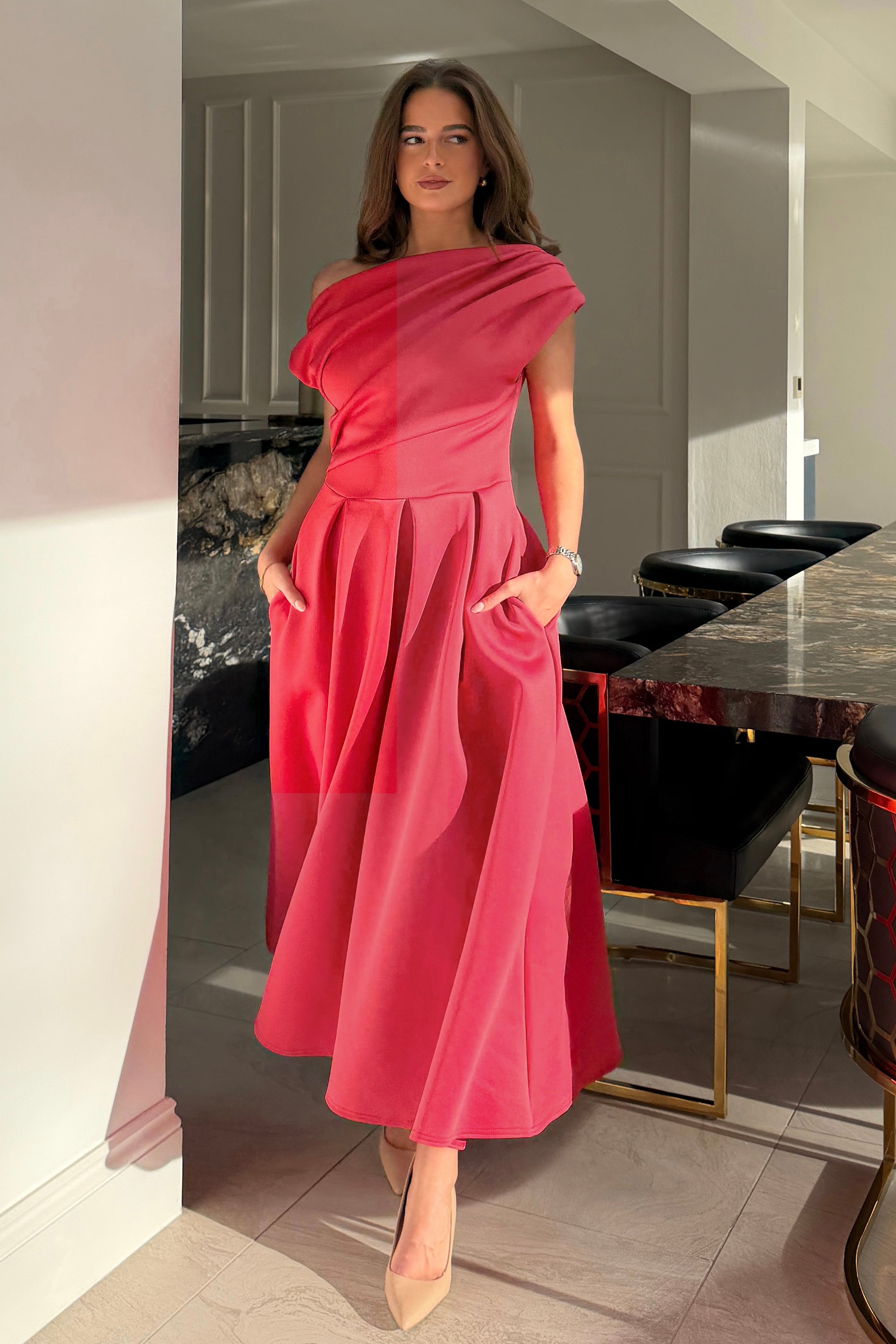 Betty Asymmetric Midi Dress Blush Coral