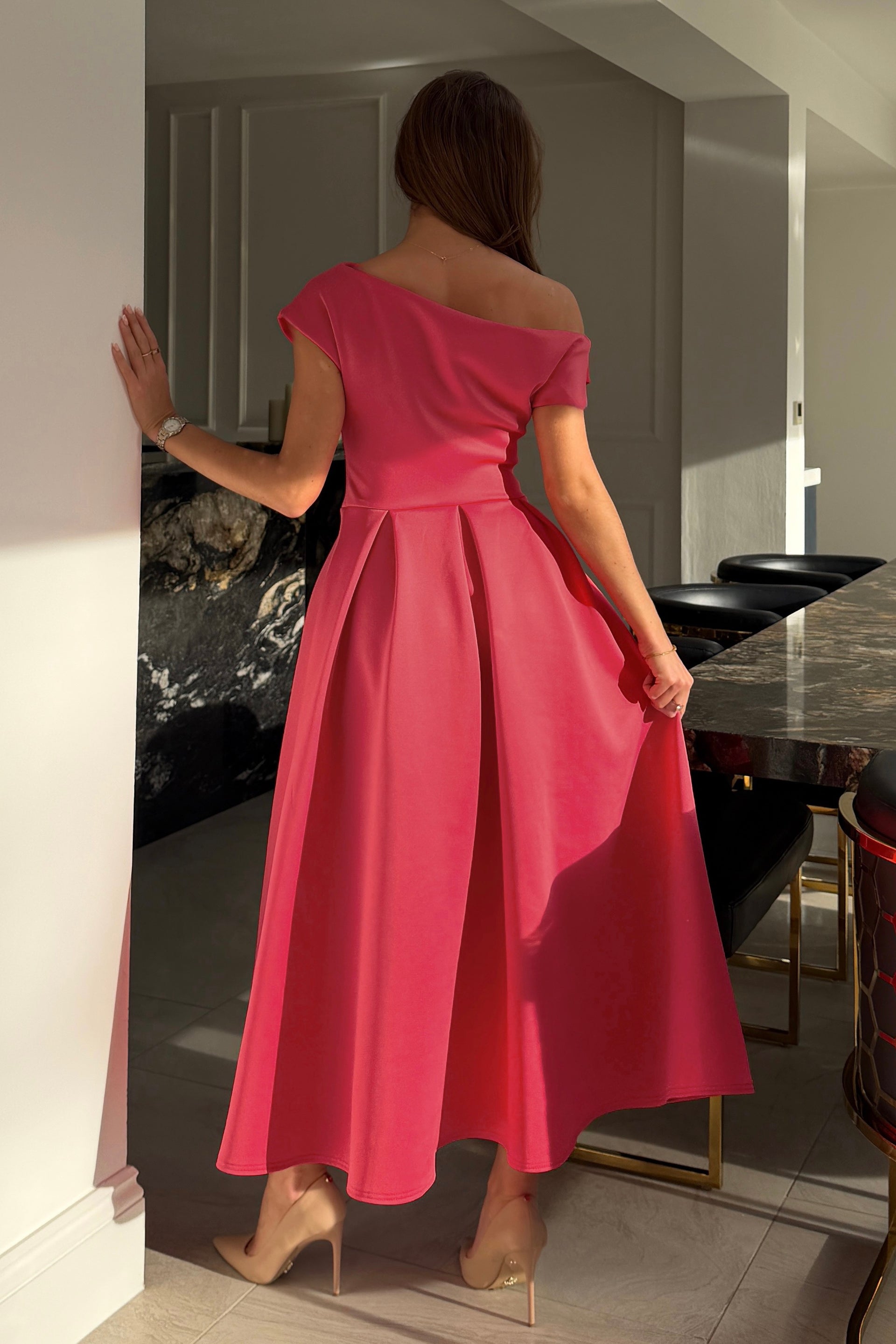 Betty Asymmetric Midi Dress Blush Coral