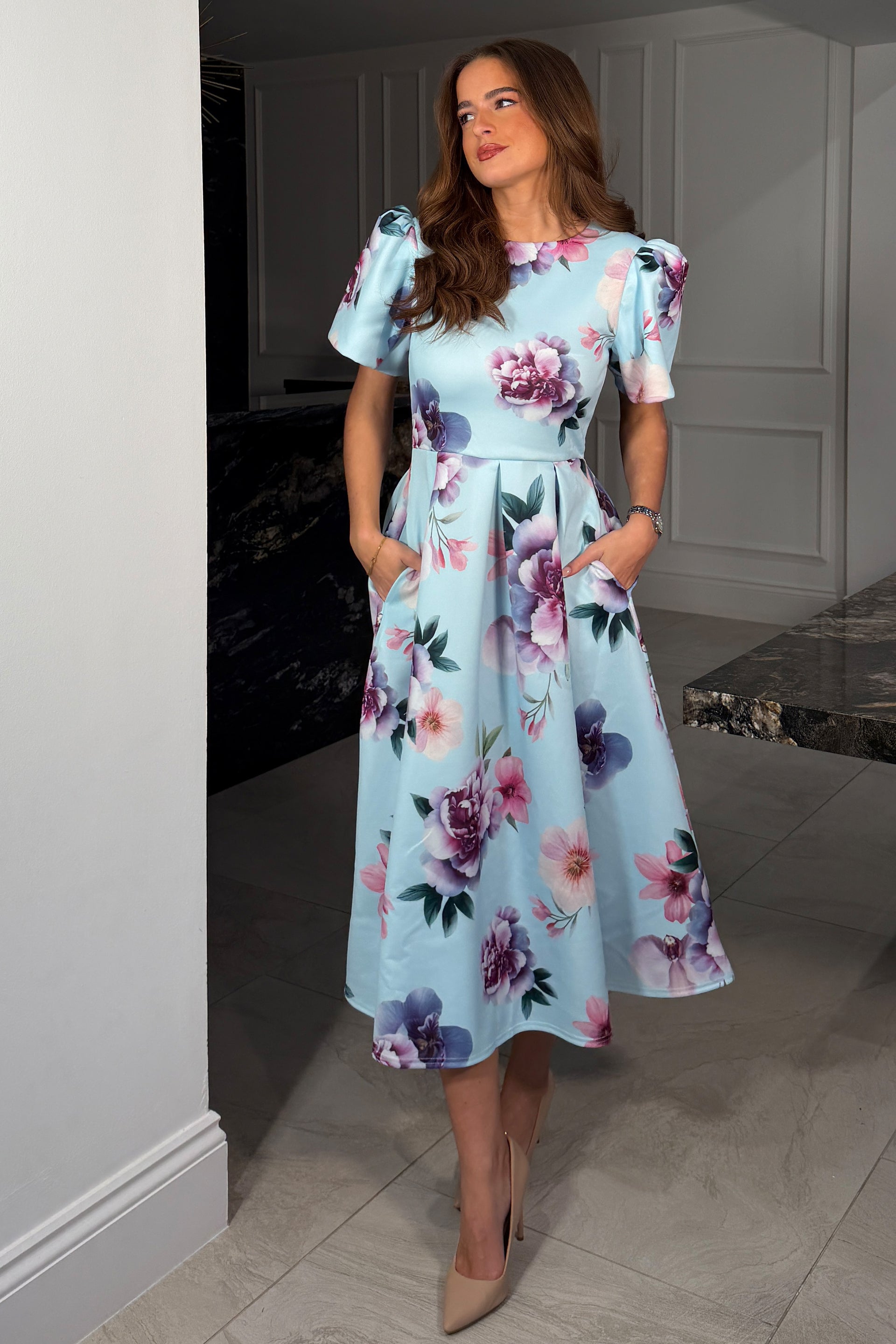 Elowin Statement Sleeve Skater Midi Dress Blue Floral – Girl In Mind