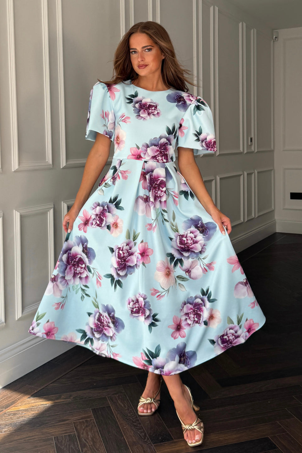 Elowin Statement Sleeve Skater Midi Dress Blue Floral