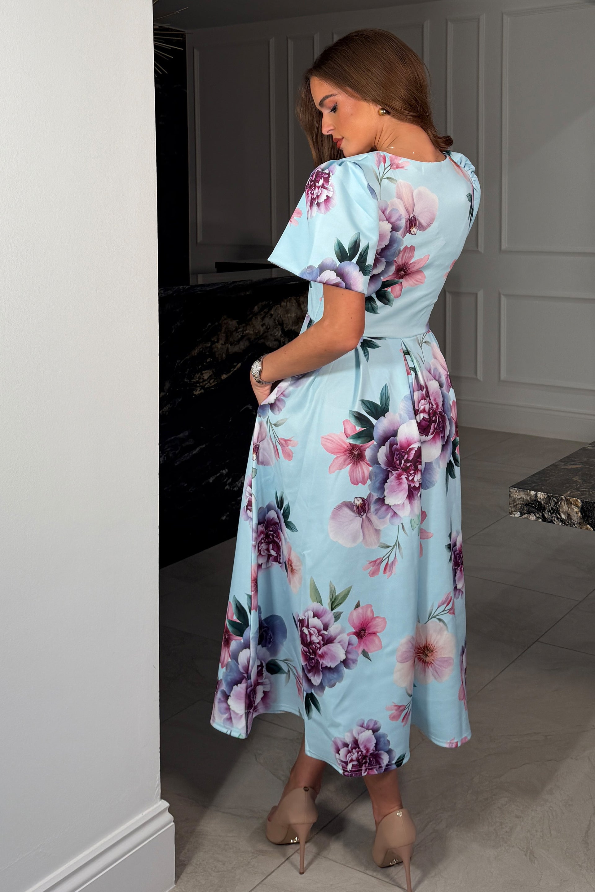 Elowin Statement Sleeve Skater Midi Dress Blue Floral  Girl In Mind