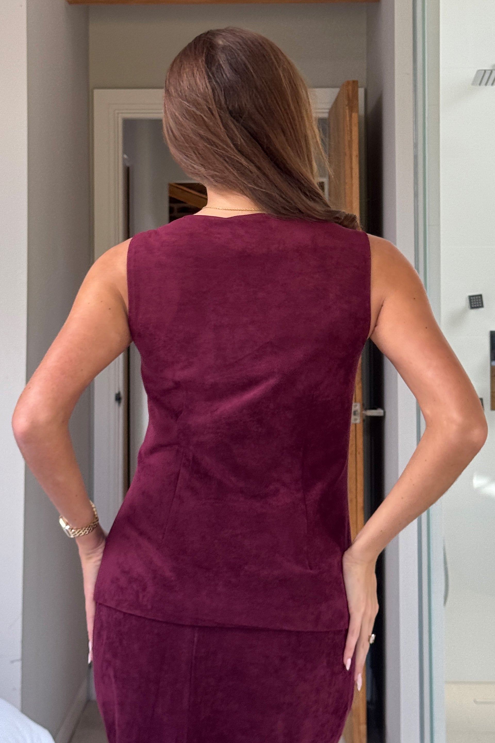 Jamie Square Neckline Suede Waistcoat Berry