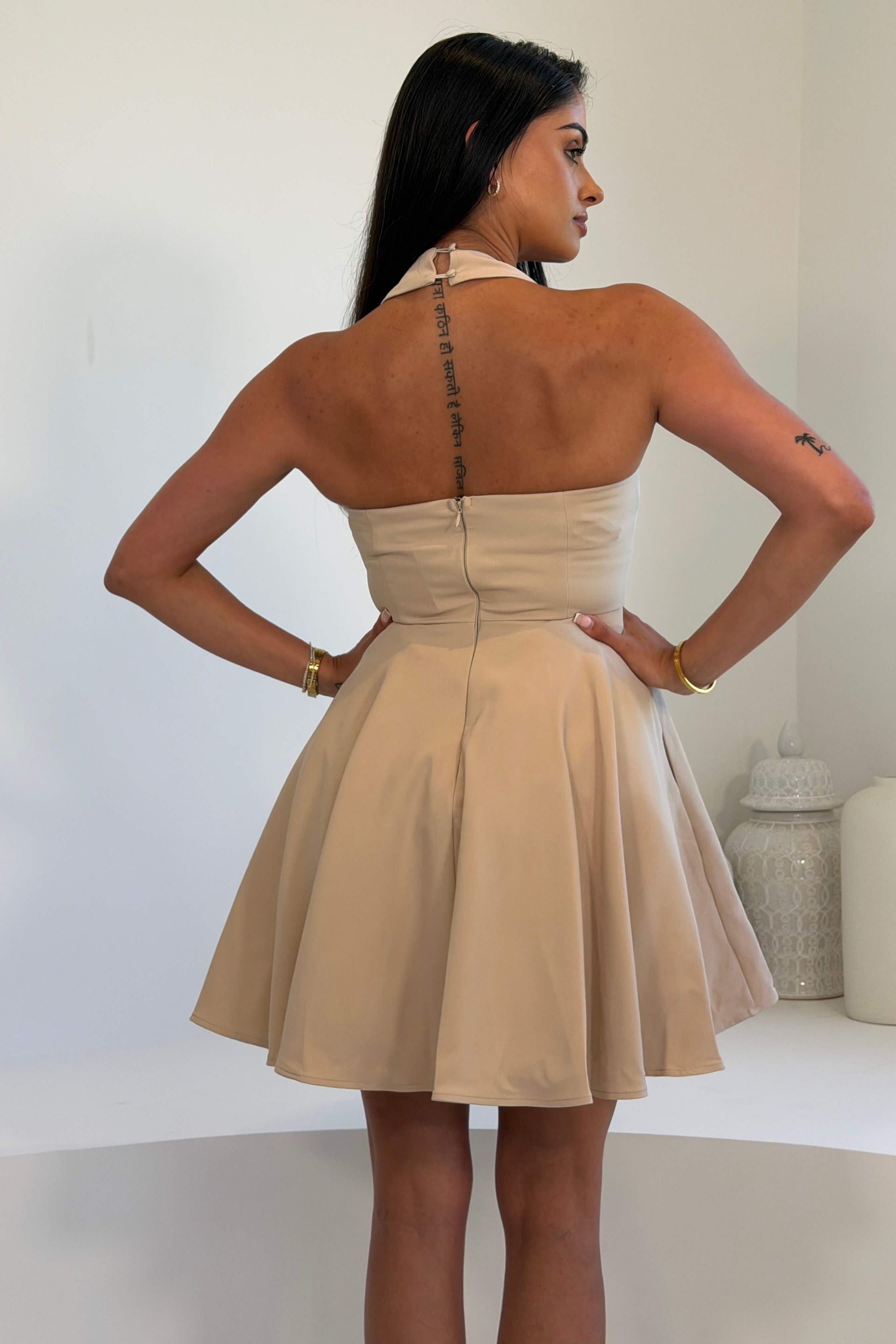 Pandora Halter Neck Mini Skater Dress Stone
