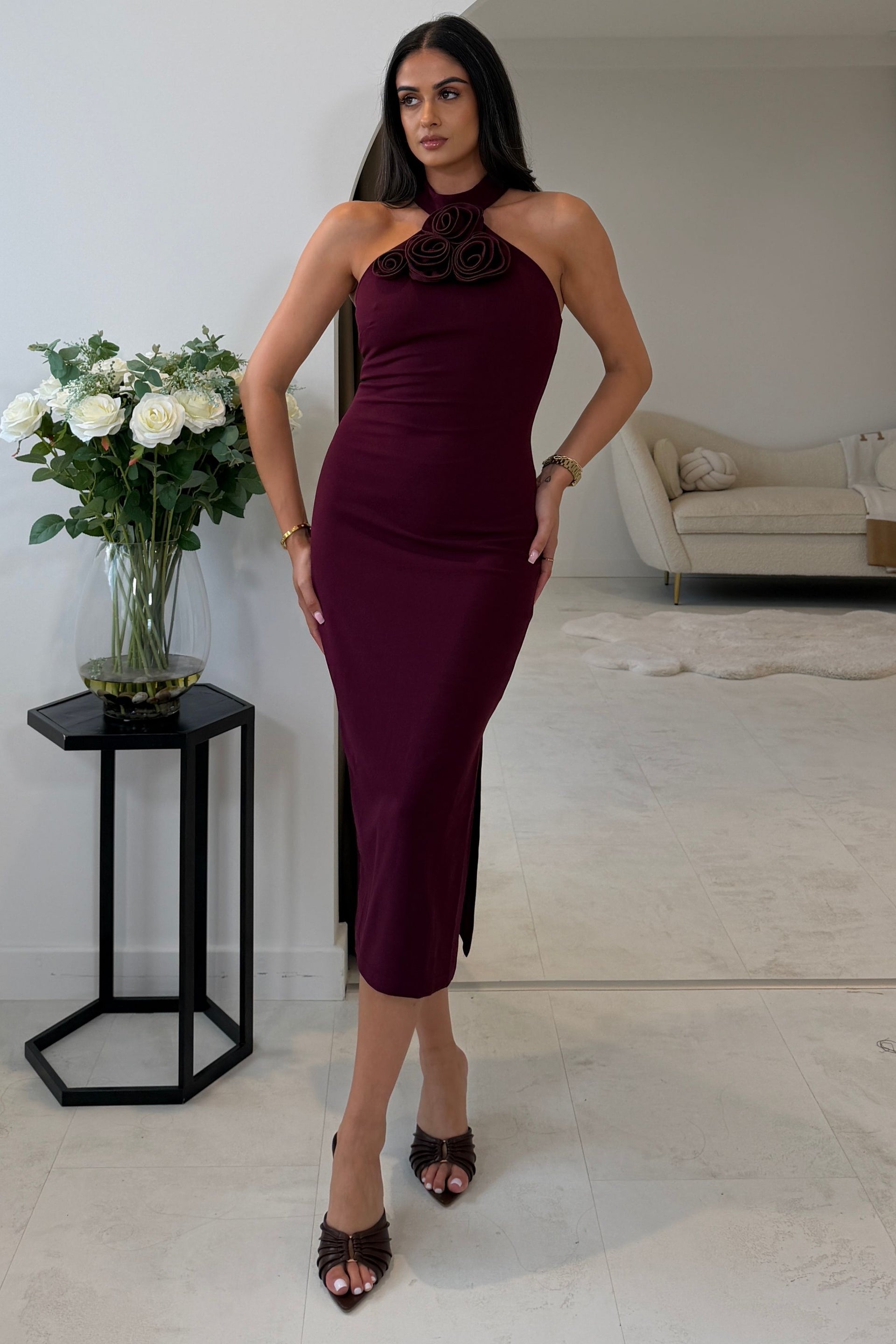 Dolly 3D Floral Halterneck Midi Dress Plum
