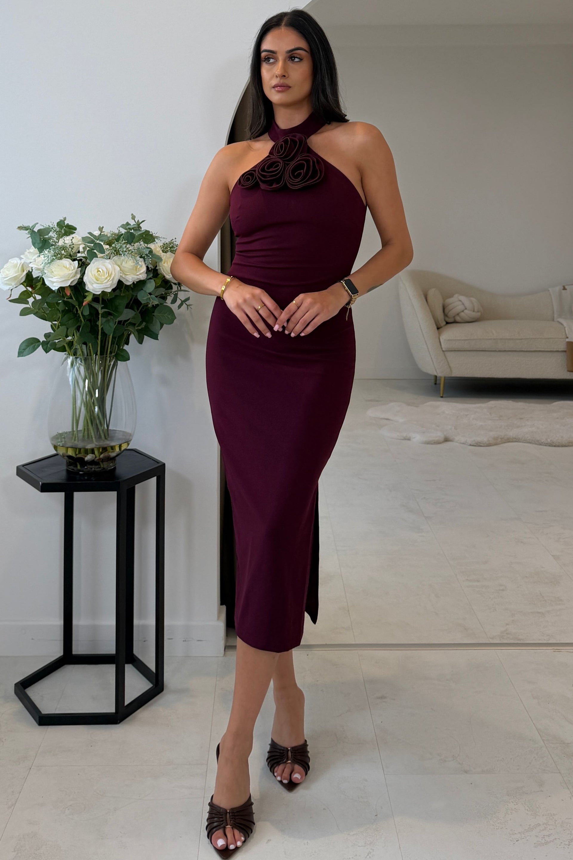 Dolly 3D Floral Halterneck Midi Dress Plum