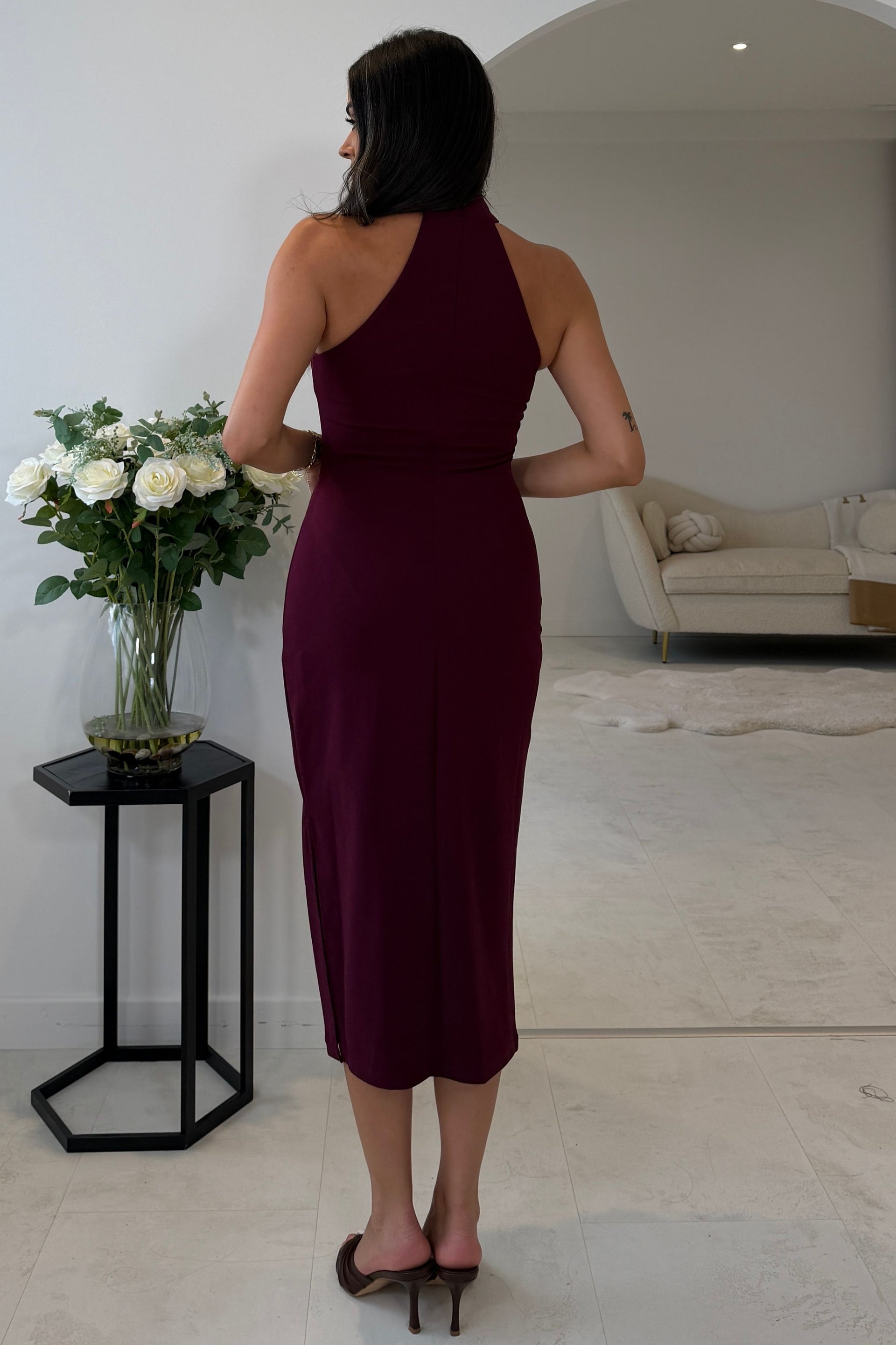 Dolly 3D Floral Halterneck Midi Dress Plum